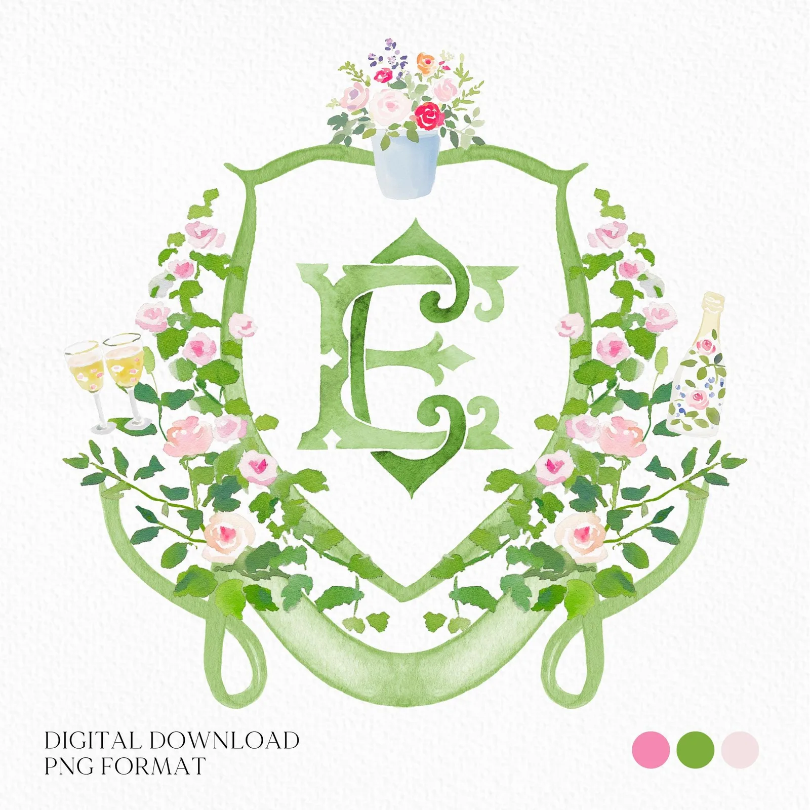 Pastel Roses Pink Greenery Flower Wedding Crest