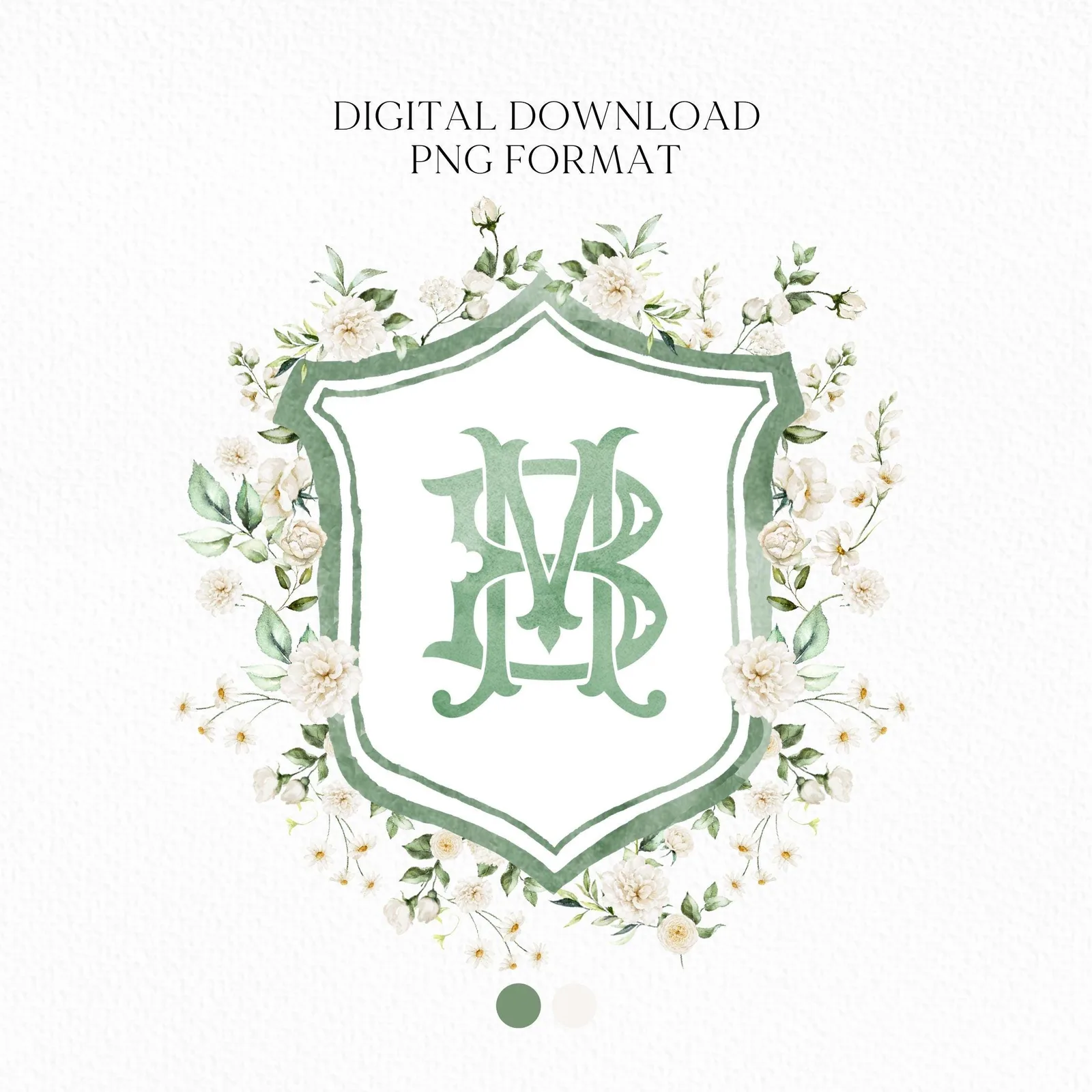 White Rose Greenery White Flower Wedding Crest - Monogram Crest - White Floral Watercolor Wedding Crest - Romantic Wedding Crest