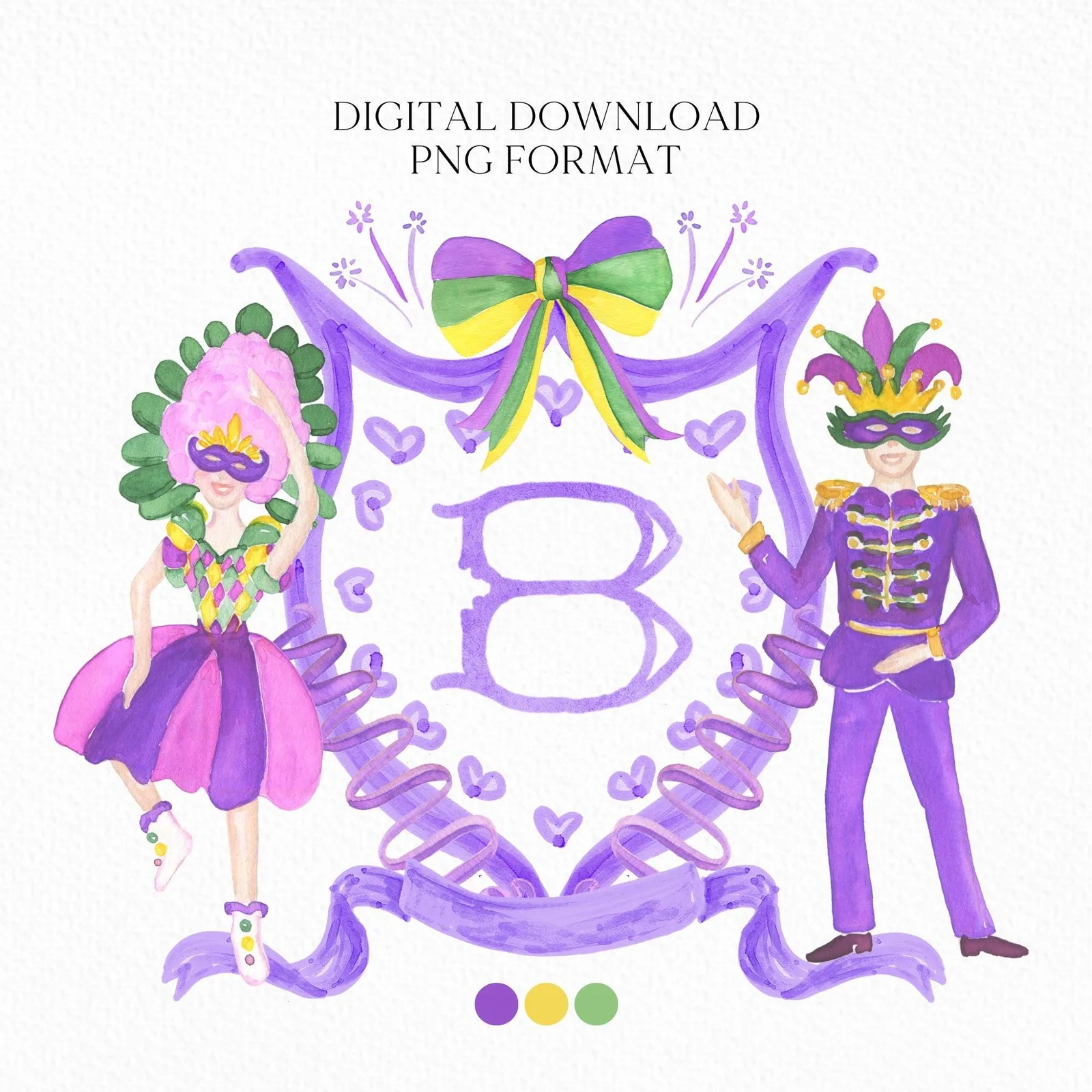 Mardi Gras New Orleans Crest Watercolor Wedding Crest - Monogram Crest - Mardi Gras Watercolor Wedding Crest Romantic Wedding Crest