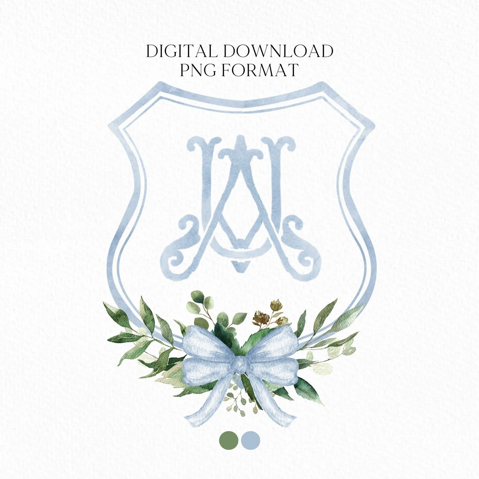 Watercolor Classic Eucalyptus Ribbon Flower Wedding Crest - Monogram Crest - Luxury Watercolor Wedding Crest - Romantic Wedding Crest