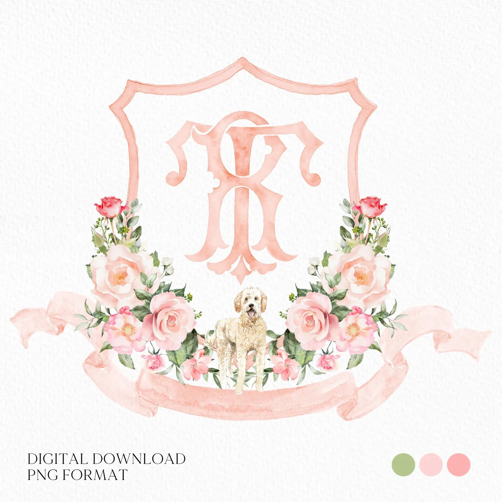 Romantic Blush Rose Peony Eucalyptus Watercolor Flower Wedding Crest