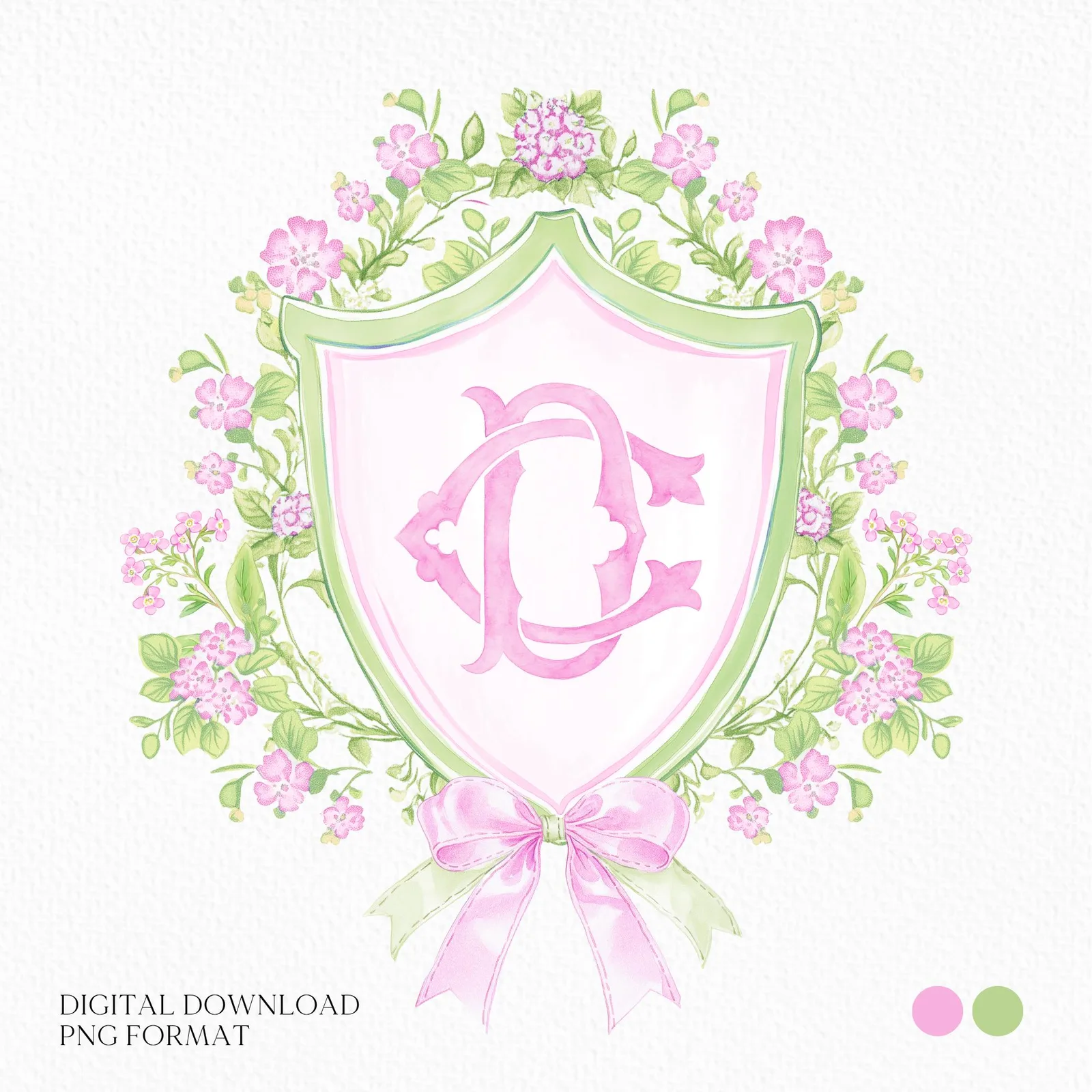 Watercolor Pink Flower Wedding Crest - Monogram Crest - Botanical Floral Watercolor Wedding Crest - Vintage Green Floral Wedding Crest