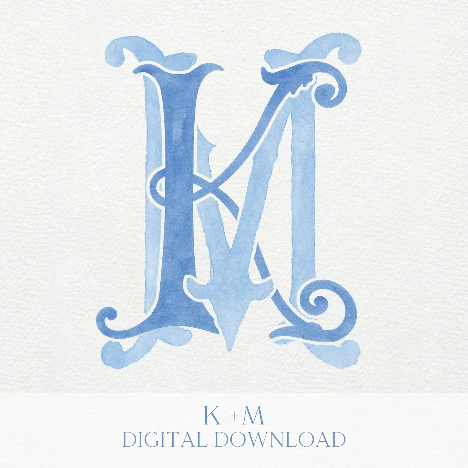 Watercolor Wedding Monogram – KM Initial Crest (Digital Download)