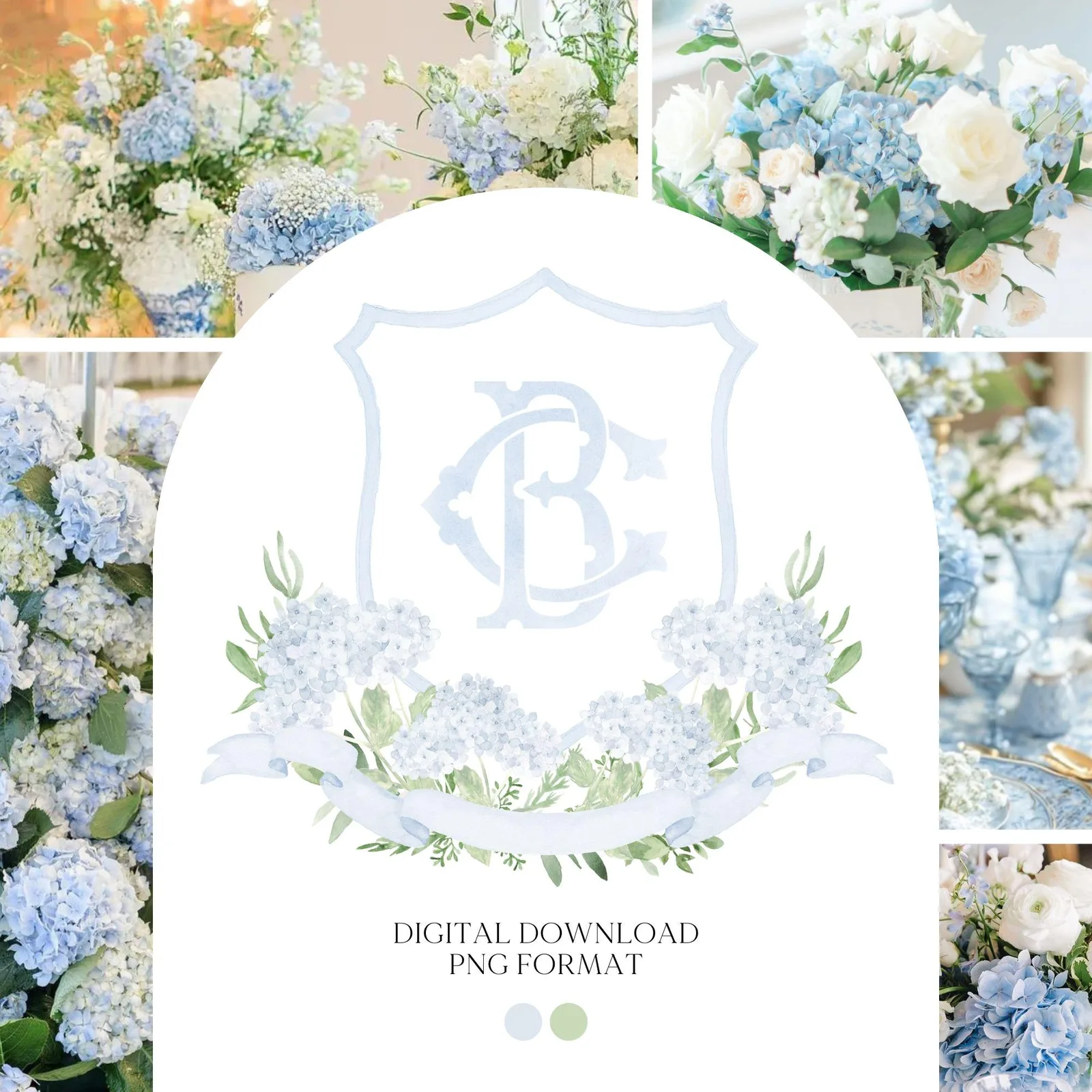 Blue Hydrangea Flower Wedding Crest - Monogram Crest - Hydrangea Light Blue Floral Luxury Watercolor Wedding Crest - Romantic Wedding Crest