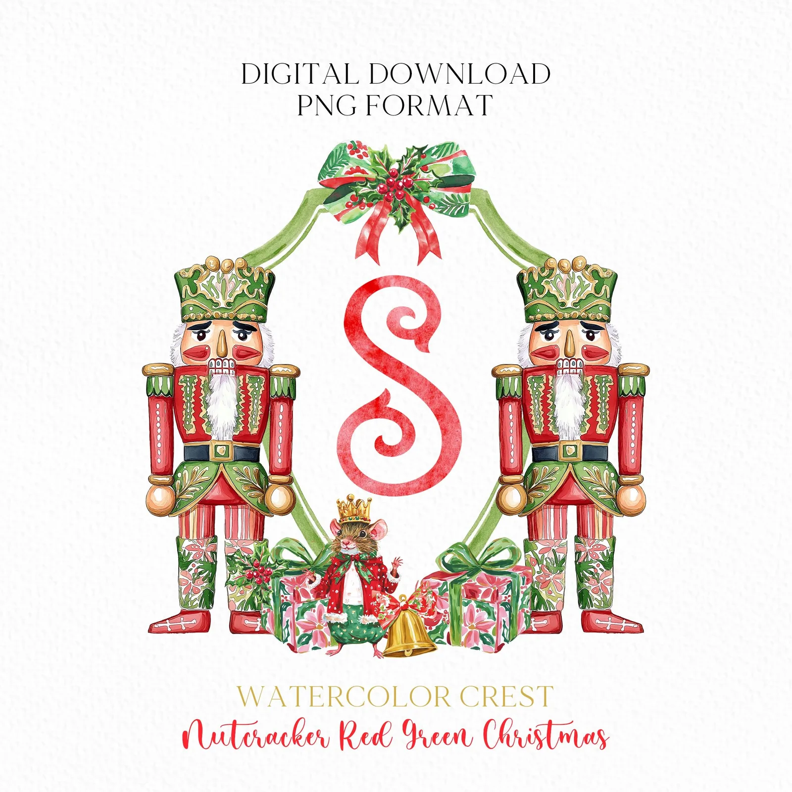 Nutcracker Red Green Christmas Crest - Monogram Crest - Christmas Watercolor Crest DIY - Luxury Watercolor Wedding Crest