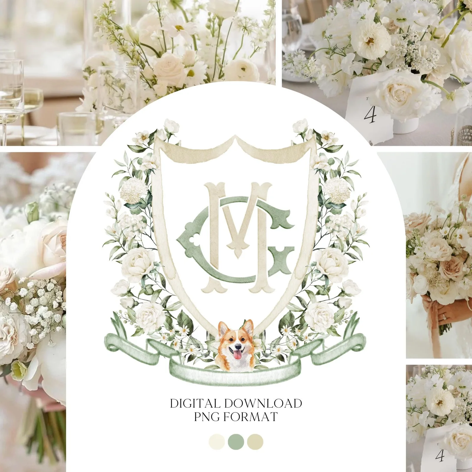 Hydrangea White Rose Greenery Flower Wedding Crest - Monogram Crest - Hydrangea White Floral Watercolor Wedding Crest Romantic Wedding Crest
