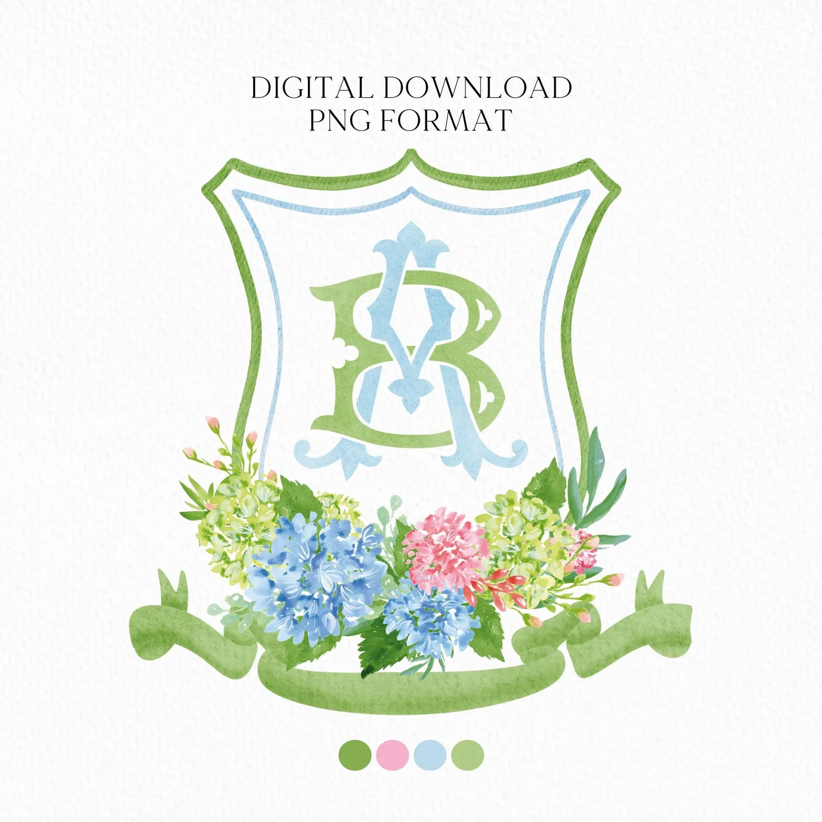 Hydrangea Blue Pink Wedding Crest - Monogram Crest - Hydrangea Green Floral Luxury Watercolor Wedding Crest - Romantic Wedding Crest