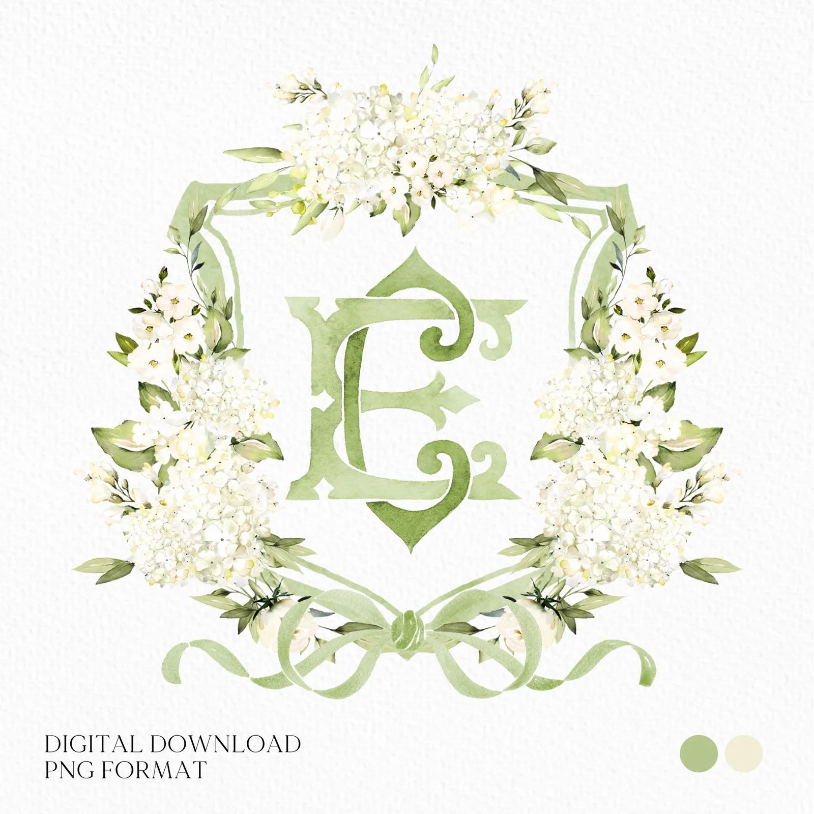 White Hydrangea Flower Greenery Wedding Crest - Monogram Crest - Hydrangea Floral Luxury Watercolor Wedding Crest - Romantic Wedding Crest