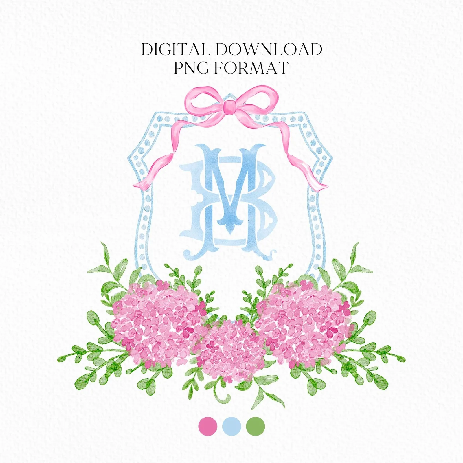 Hydrangea Pink Bow Crest Flower Wedding Crest - Monogram Crest - Hydrangea Pink Luxury Watercolor Wedding Crest - Romantic Wedding Crest