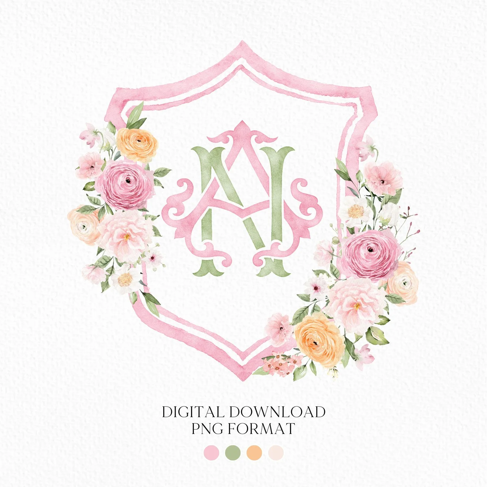 Wildflowers Bright Floral Colorful Watercolor Wedding Crest - Monogram Crest - Watercolor Blush and Pink Floral Watercolor Wedding Crest