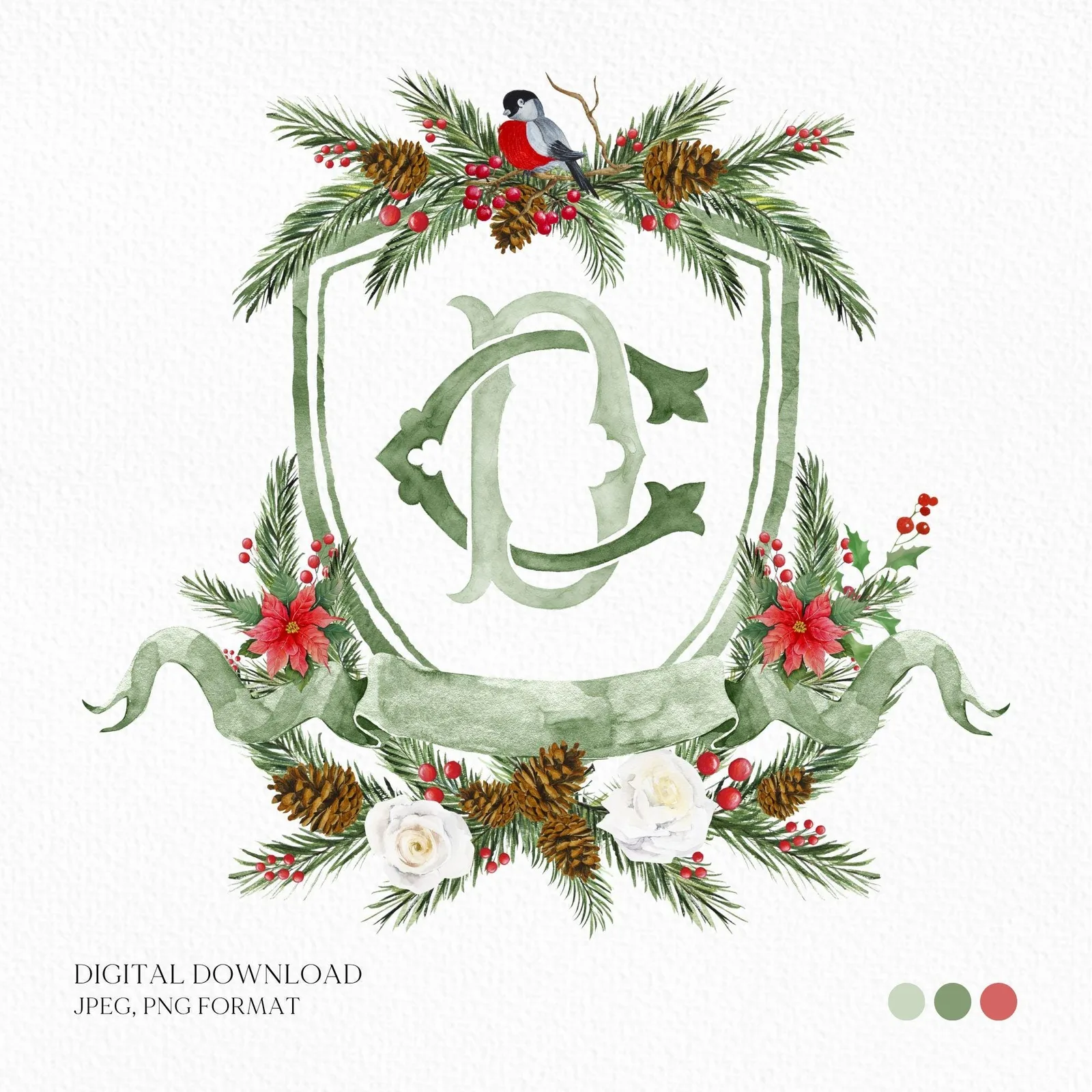 Custom Christmas Wedding Crest - Monogram Crest - Rose Hips Floral Watercolor Wedding Crest - Winter Christmas Wedding Crest - Winter Crest