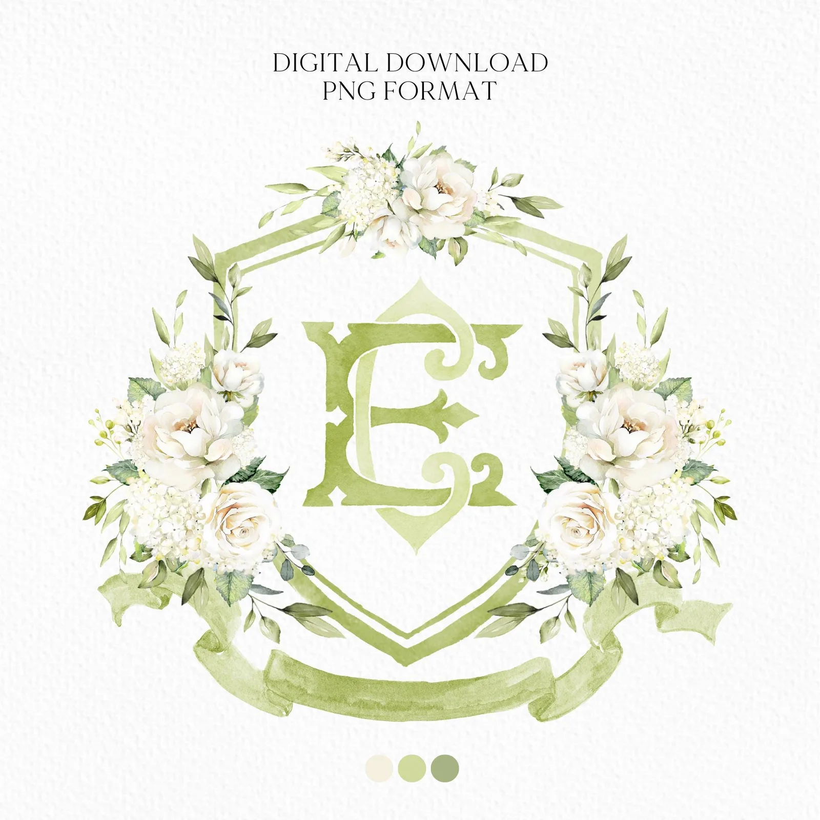 White Rose Greenery White Flower Wedding Crest - Monogram Crest - White Cream Roses flower Watercolor Wedding Crest - Romantic Wedding Crest