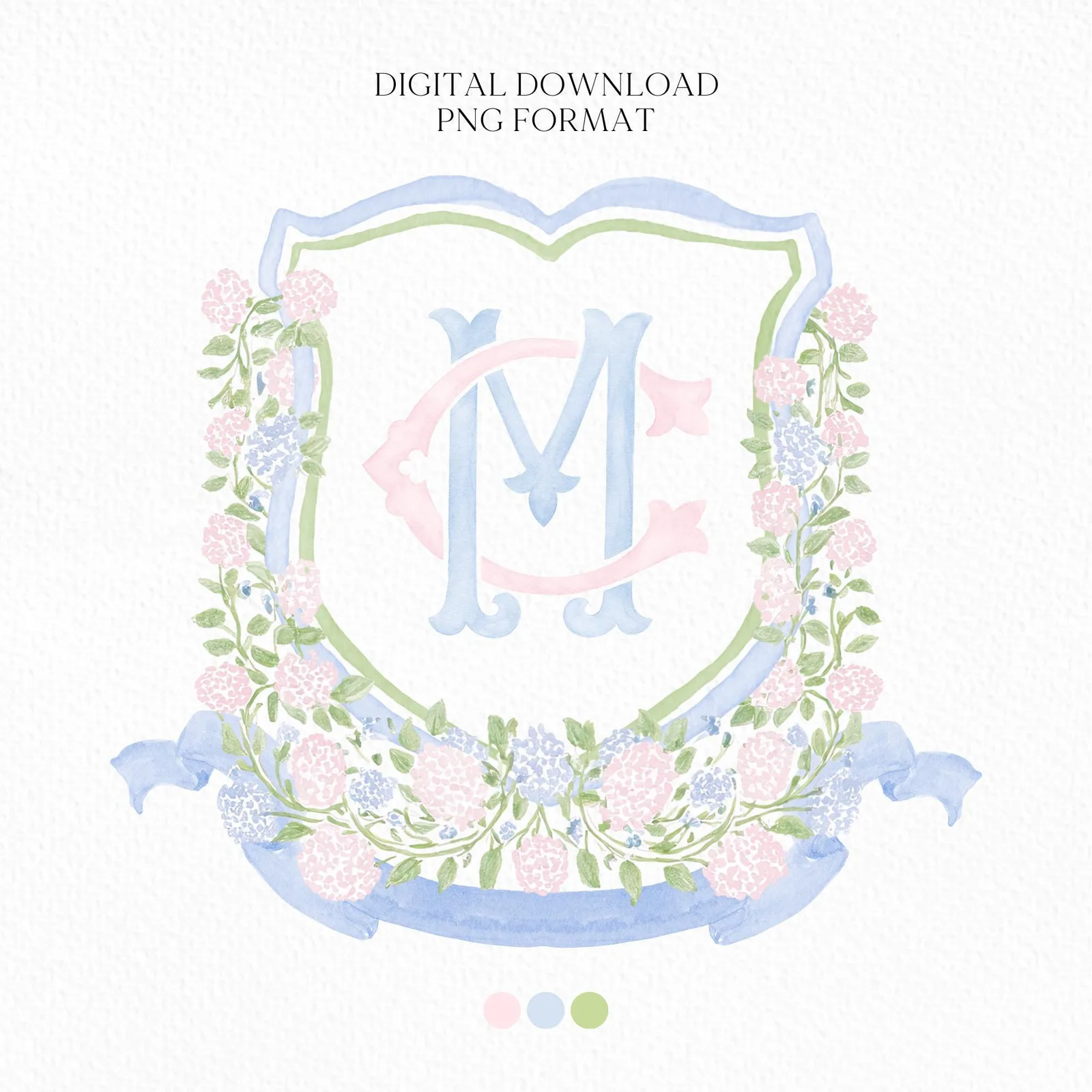 Pink Light Blue Hydrangea Flower Wedding Crest - Monogram Crest - Blue Hydrangea Floral Watercolor Wedding Crest - Romantic Wedding Crest