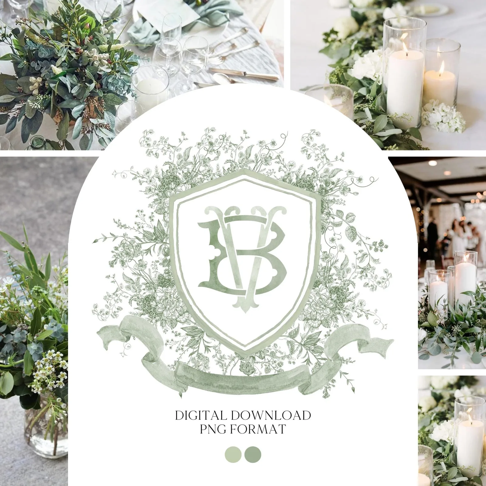 Vintage Moss Green Floral Wedding Crest - Monogram Crest - Vintage Floral Luxury Line art Wedding Crest - Romantic Wedding Crest