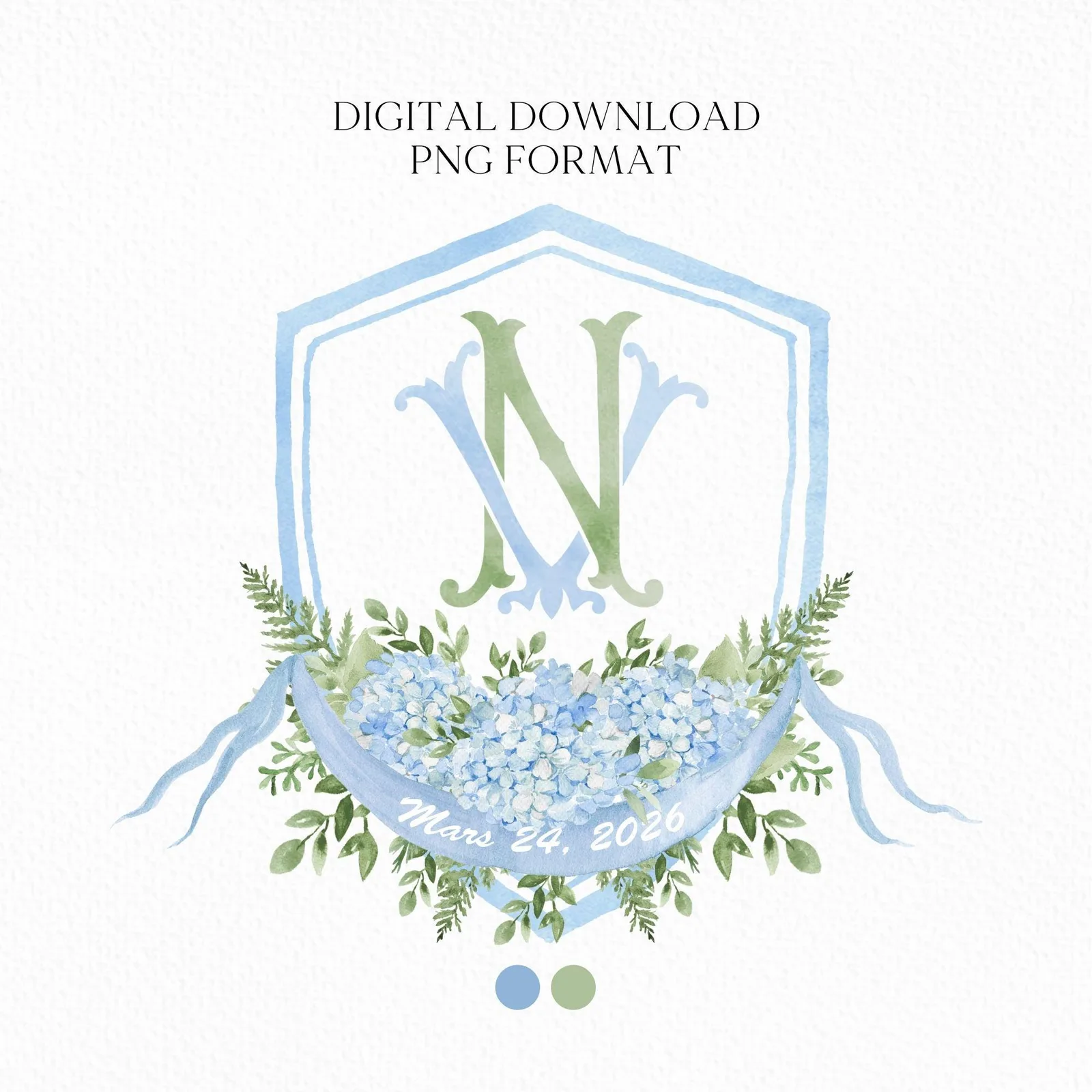 Hydrangea Flower Wedding Crest - Monogram Crest - Hydrangea Floral Blue Watercolor Wedding Crest - Romantic Wedding Crest - Boho Hydrangea