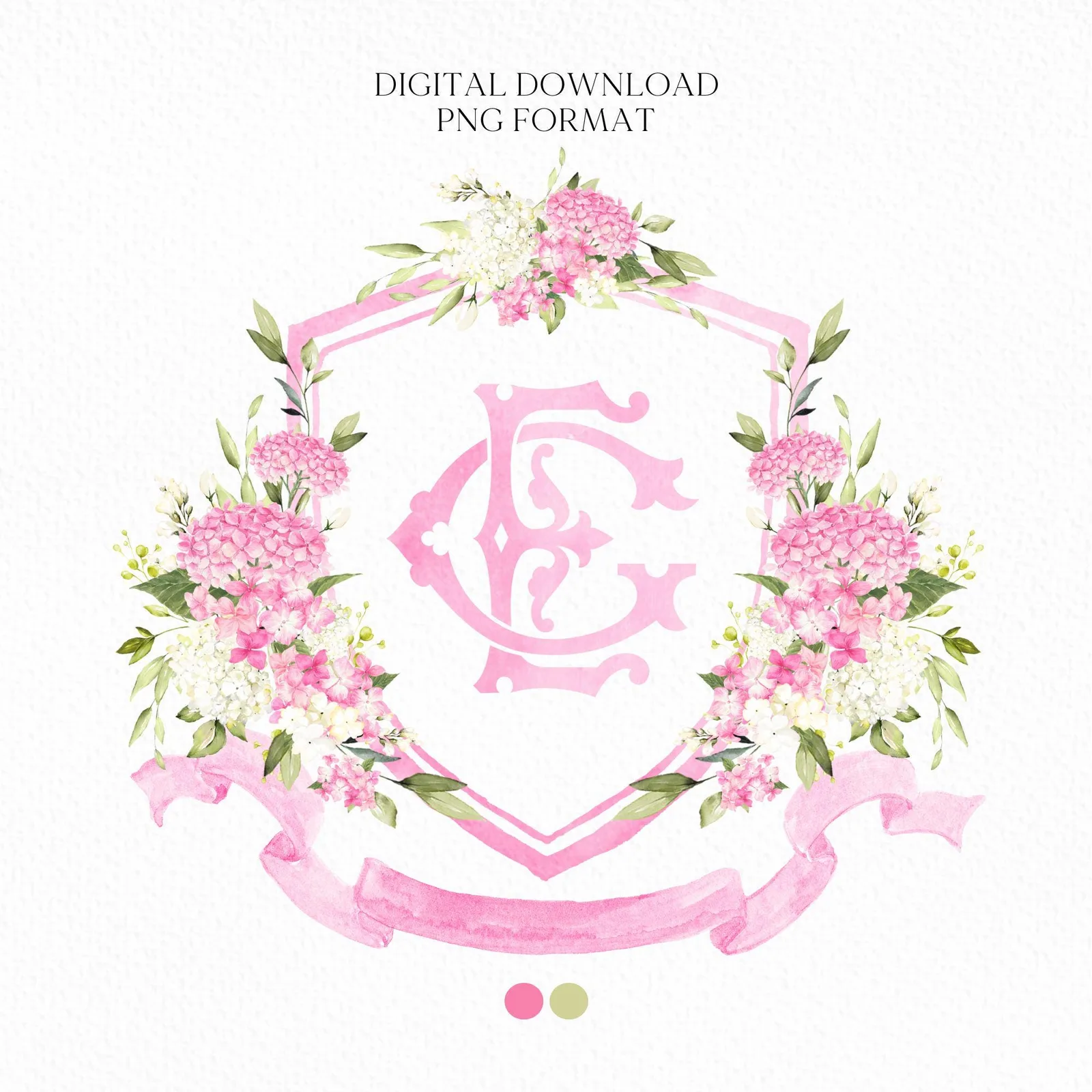 Pink White Hydrangea Flower Wedding Crest - Monogram Crest - Hydrangea Pink Floral Luxury Watercolor Wedding Crest - Romantic Wedding Crest