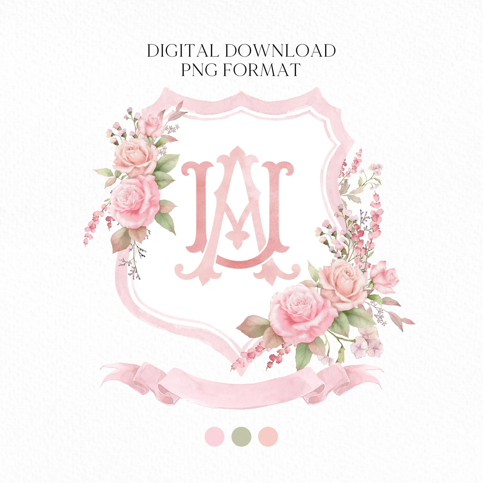 Blush Pink Roses Flower Wedding Crest - Monogram Crest - Floral Luxury Watercolor Wedding Crest - Romantic Wedding Crest