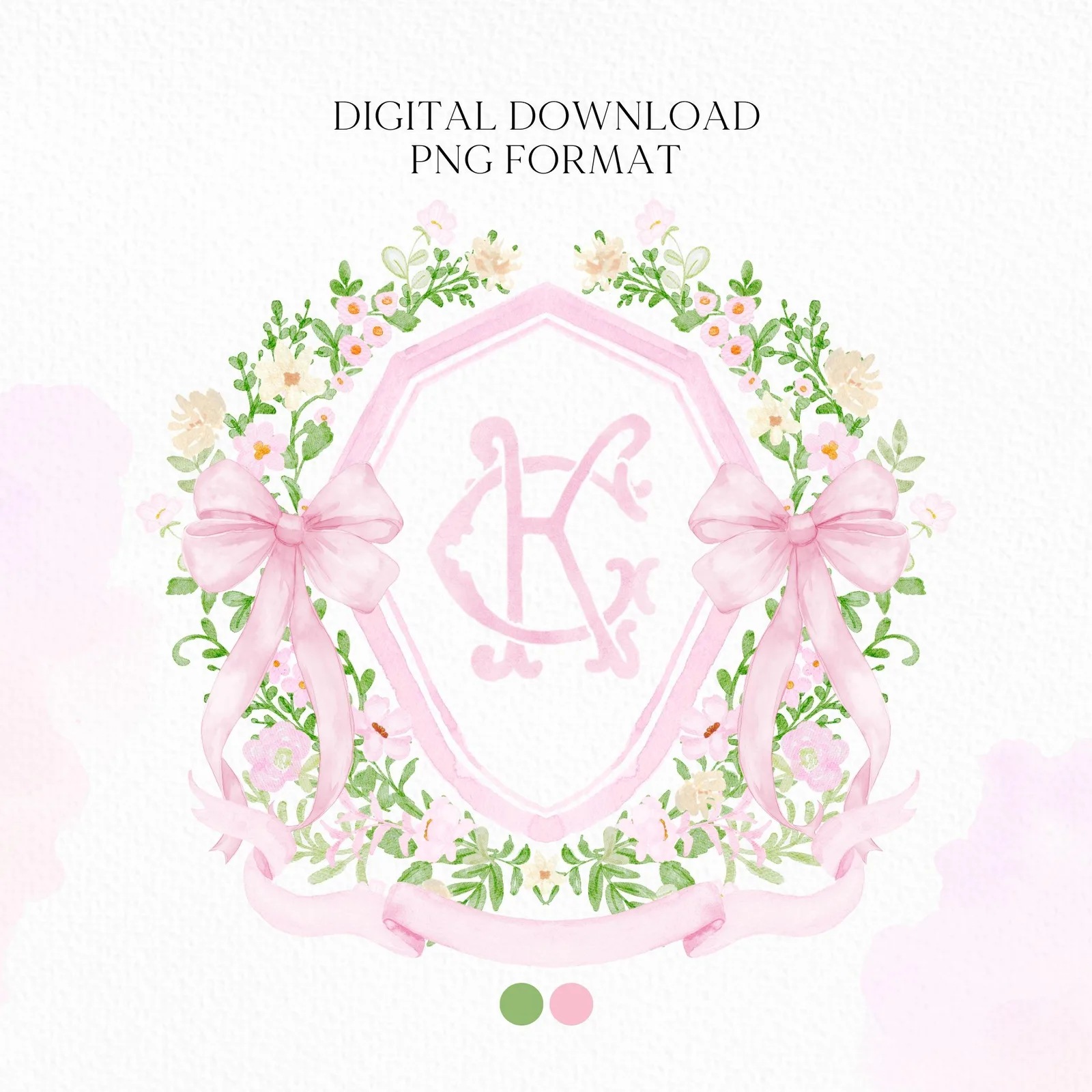 Watercolor Crest wedding Pink Little Flowers Bow Greenery Flower Wedding Crest - Monogram Crest - Floral Watercolor Wedding Crest