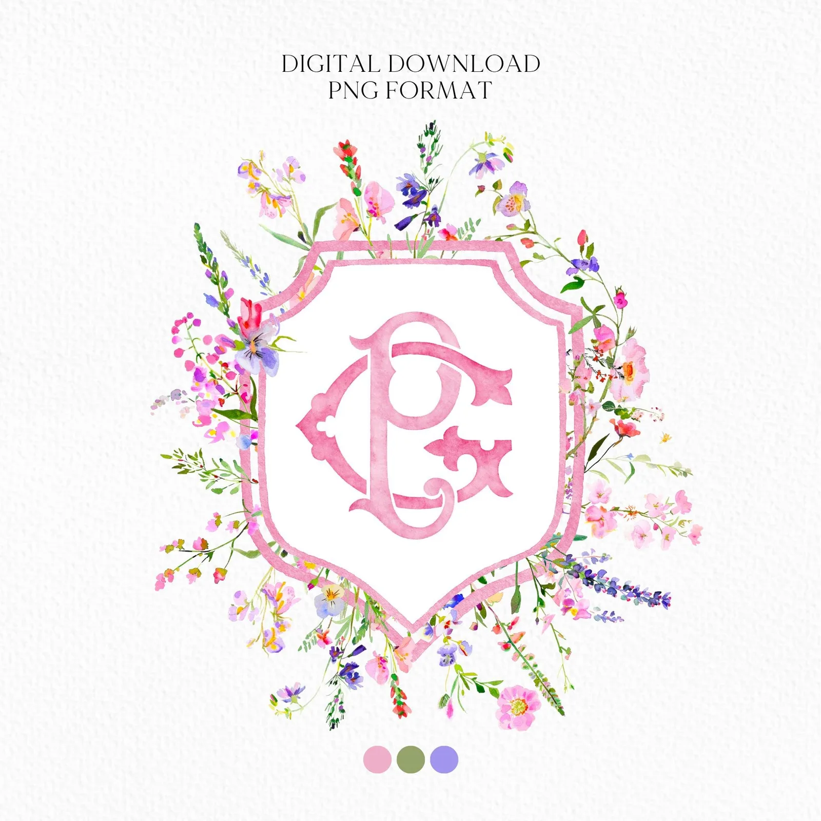Pink Wildflower Garden Flower Wedding Crest - Monogram Crest - Colorful Spring Floral Watercolor Wedding Crest - Romantic Wedding Crest
