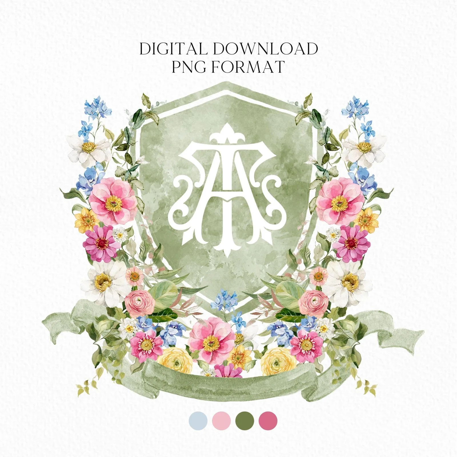 Wildflowers Bright Floral Colorful Watercolor Wedding Crest - Monogram Crest - Floral Watercolor Wedding Crest - Romantic Wedding Crest