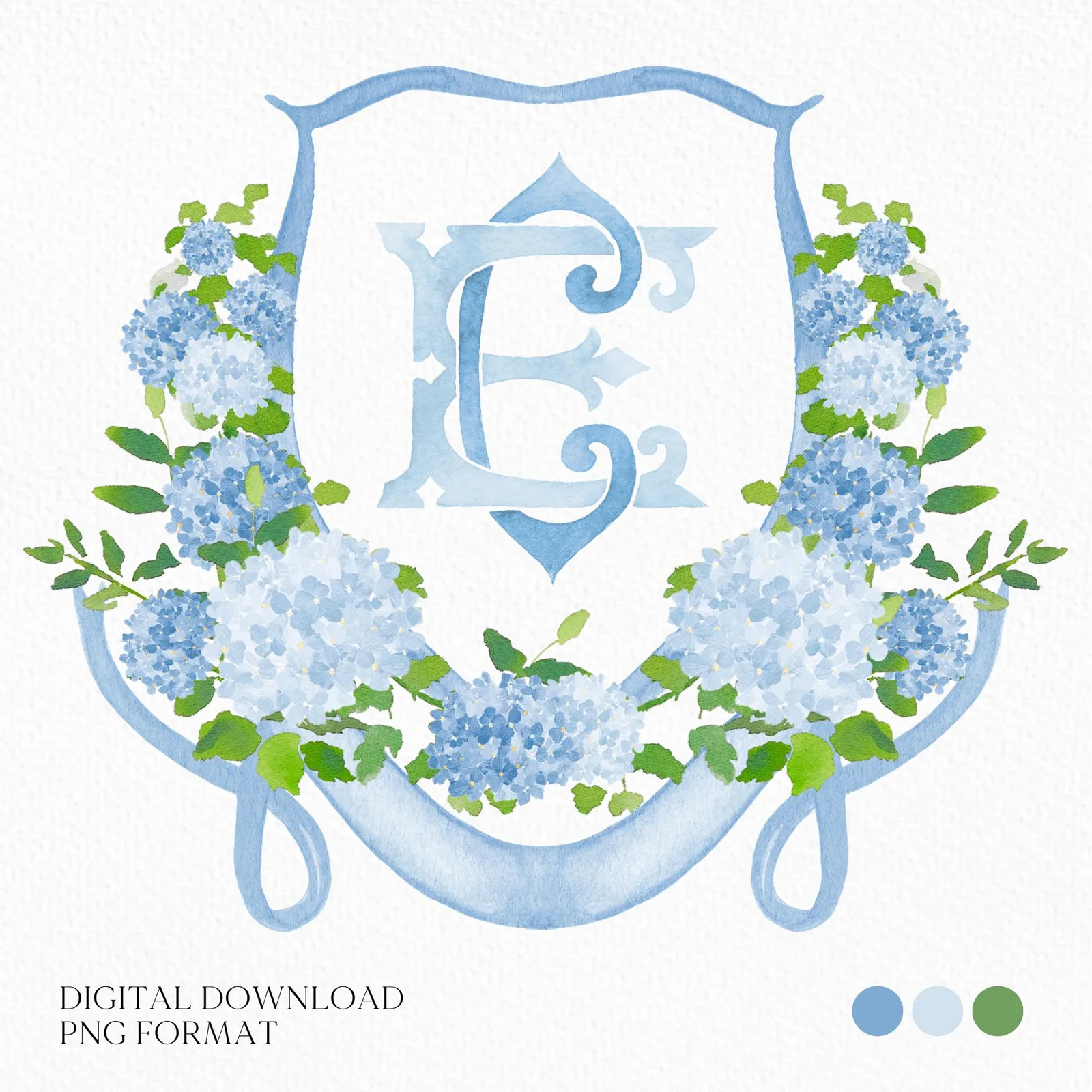 Hydrangea Flower Wedding Crest - Monogram Crest - Hydrangea Floral Luxury Watercolor Wedding Crest - Romantic Wedding Crest- Boho Hydrangea