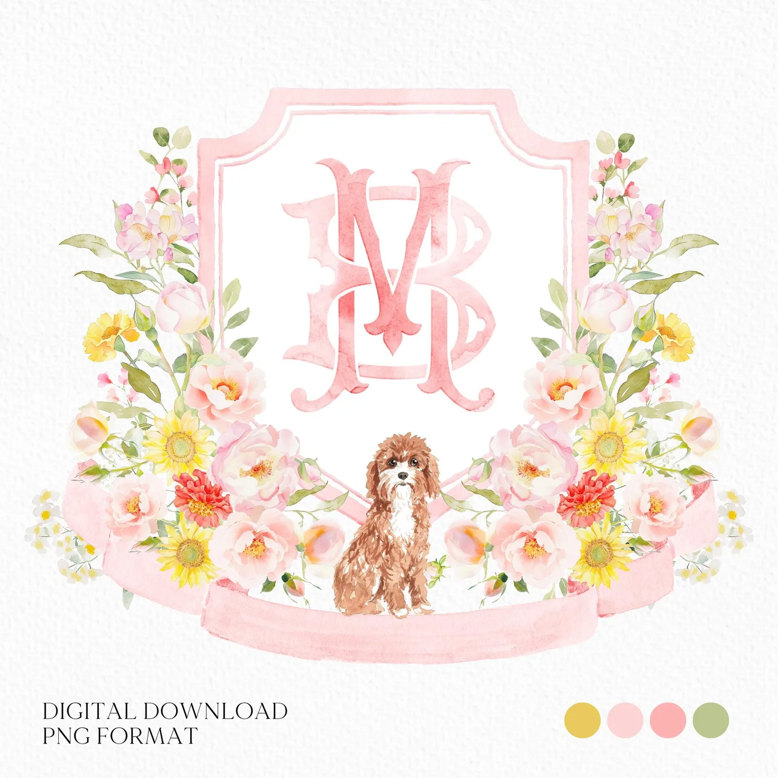 Coquette Flowers Blush Bright Colorful Watercolor Wedding Crest