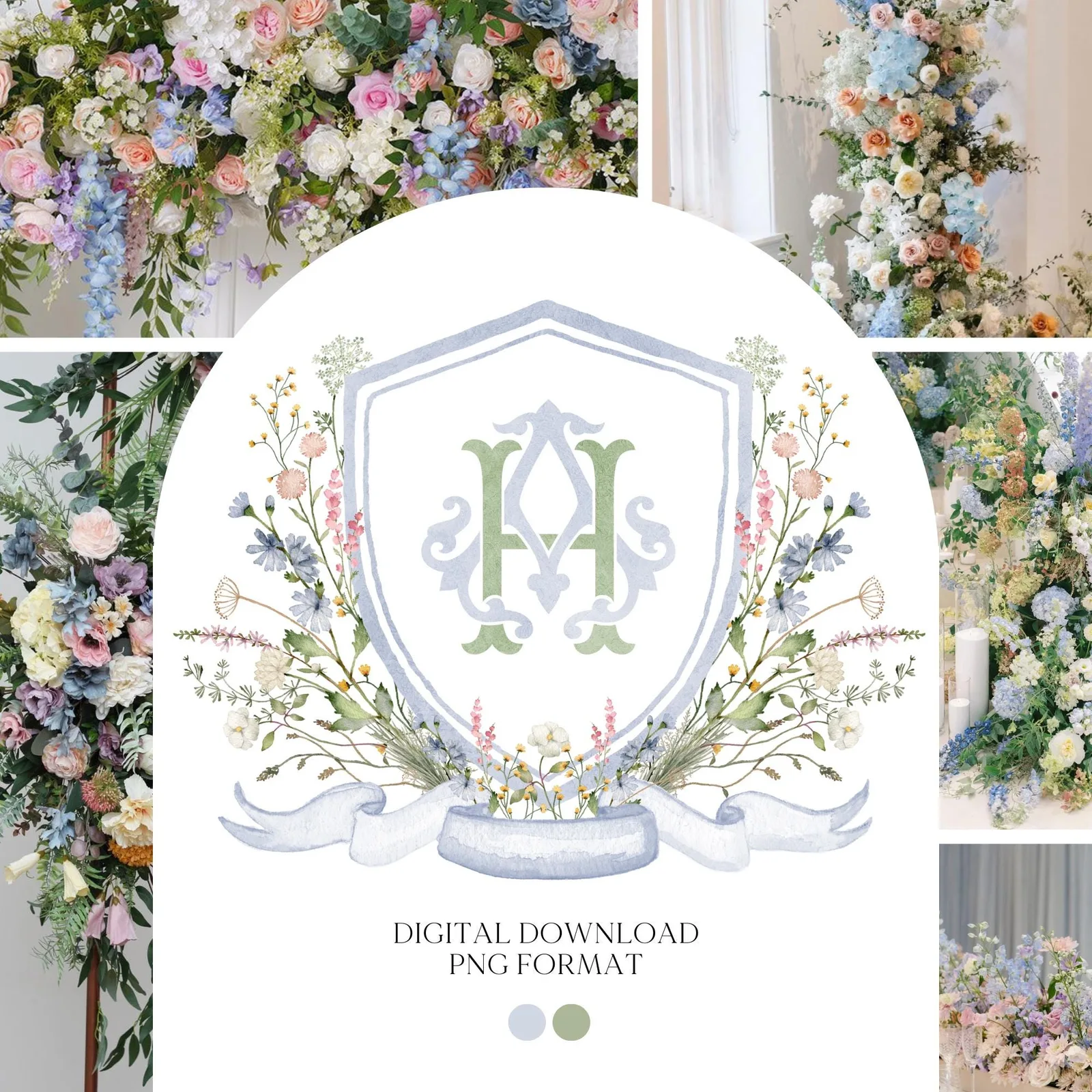 Blue WildFlower Wedding Crest - Monogram Crest - WildFlower Floral Luxury Watercolor Wedding Crest - Romantic Wedding Crest, Boho WildFlower