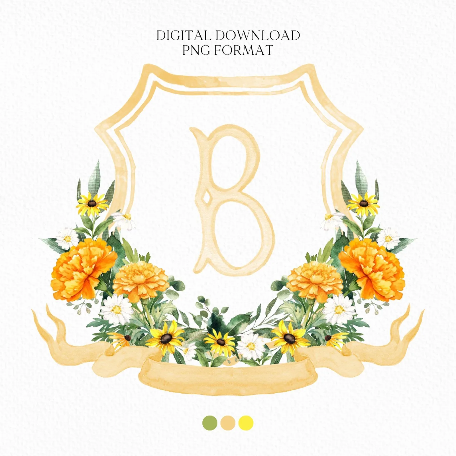 Marigold Floral Watercolor Wedding Crest - Monogram Crest - Dainty Floral Watercolor Wedding Crest - Romantic Wedding Crest