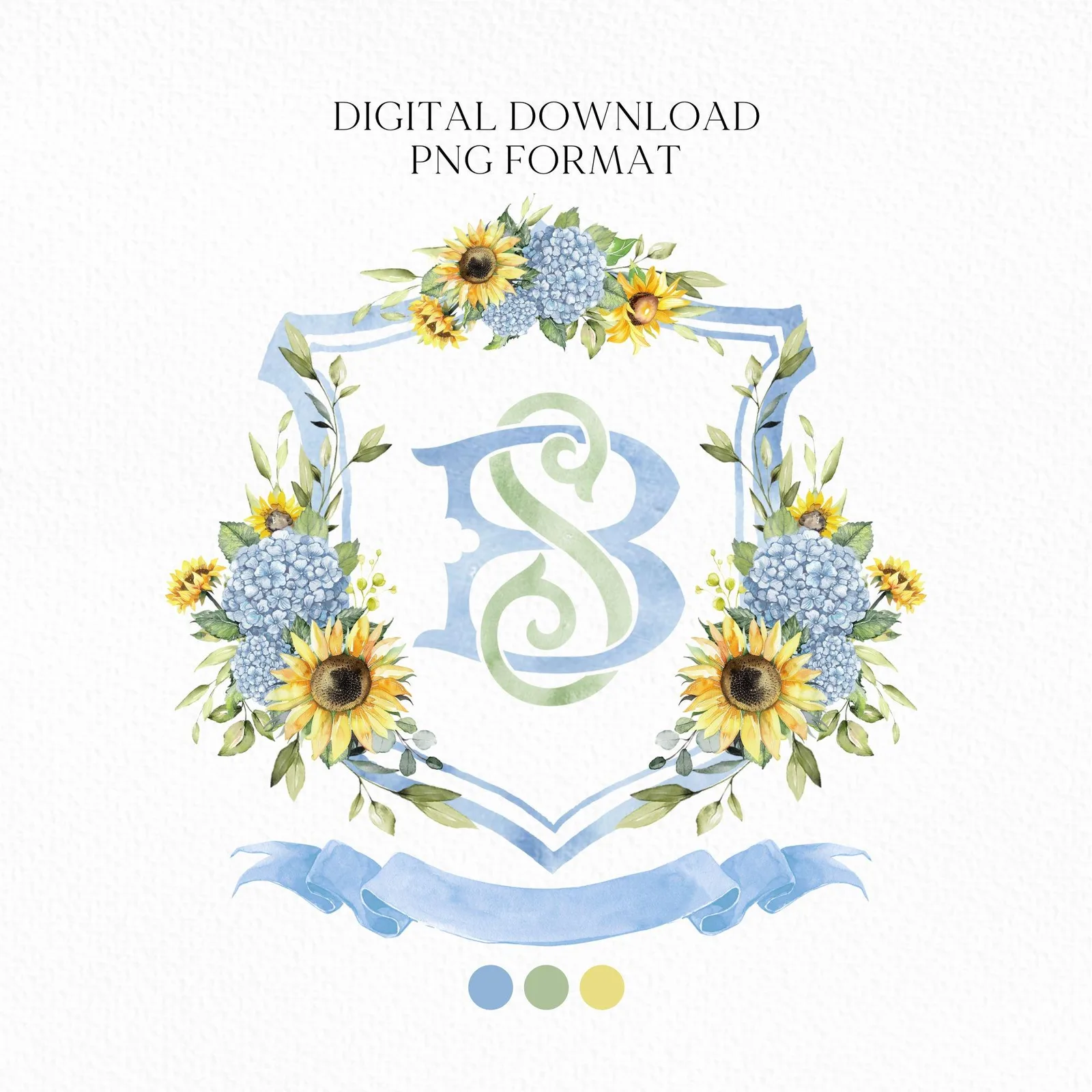 Sunflowers Dusty Blue Hydrangea Flower Wedding Crest - Monogram Crest - Hydrangea Floral Luxury Watercolor Wedding Crest - Wedding Crest