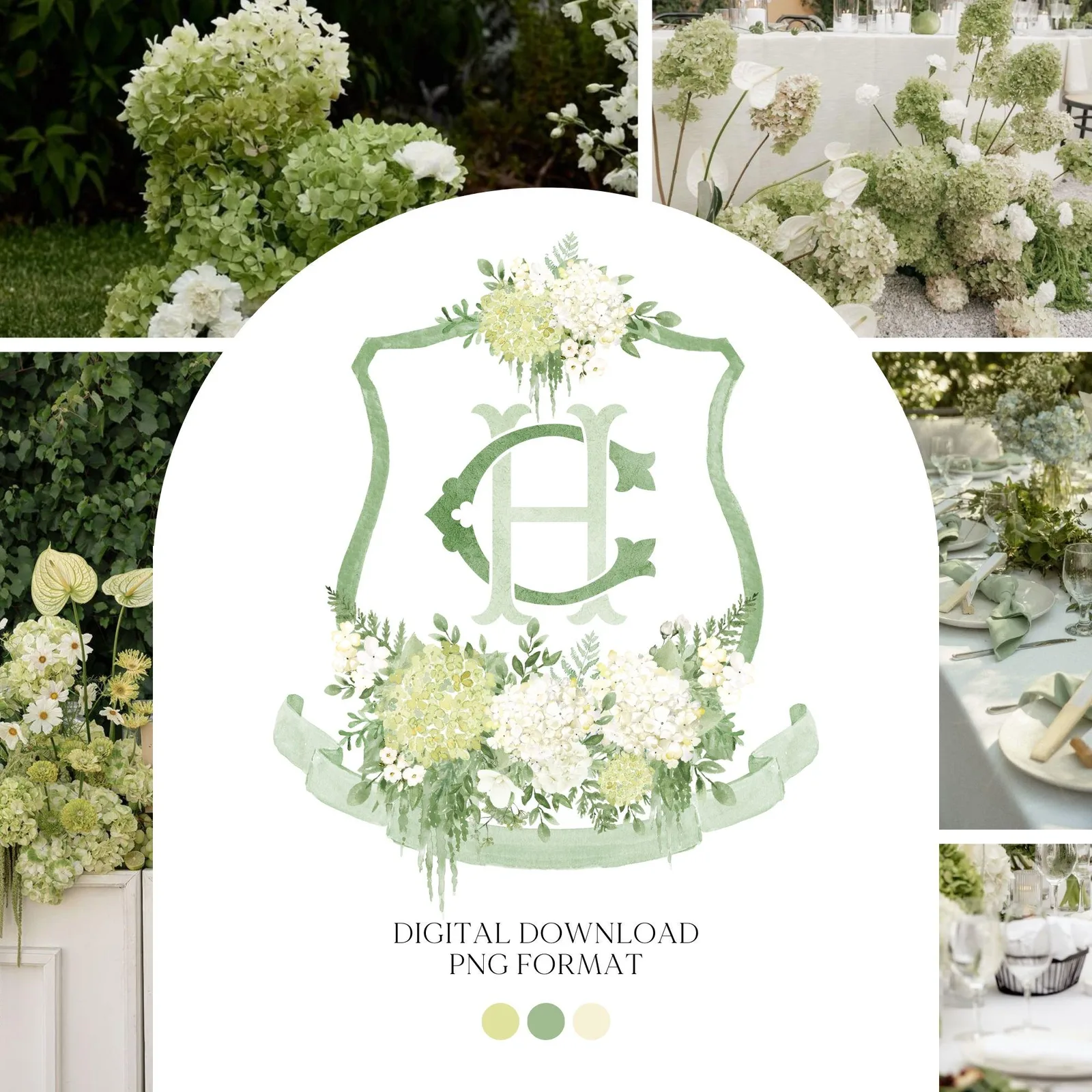 Green Hydrangea Flower Wedding Crest - Monogram Crest - Hydrangea White Floral Luxury Watercolor Wedding Crest - Romantic Wedding Crest