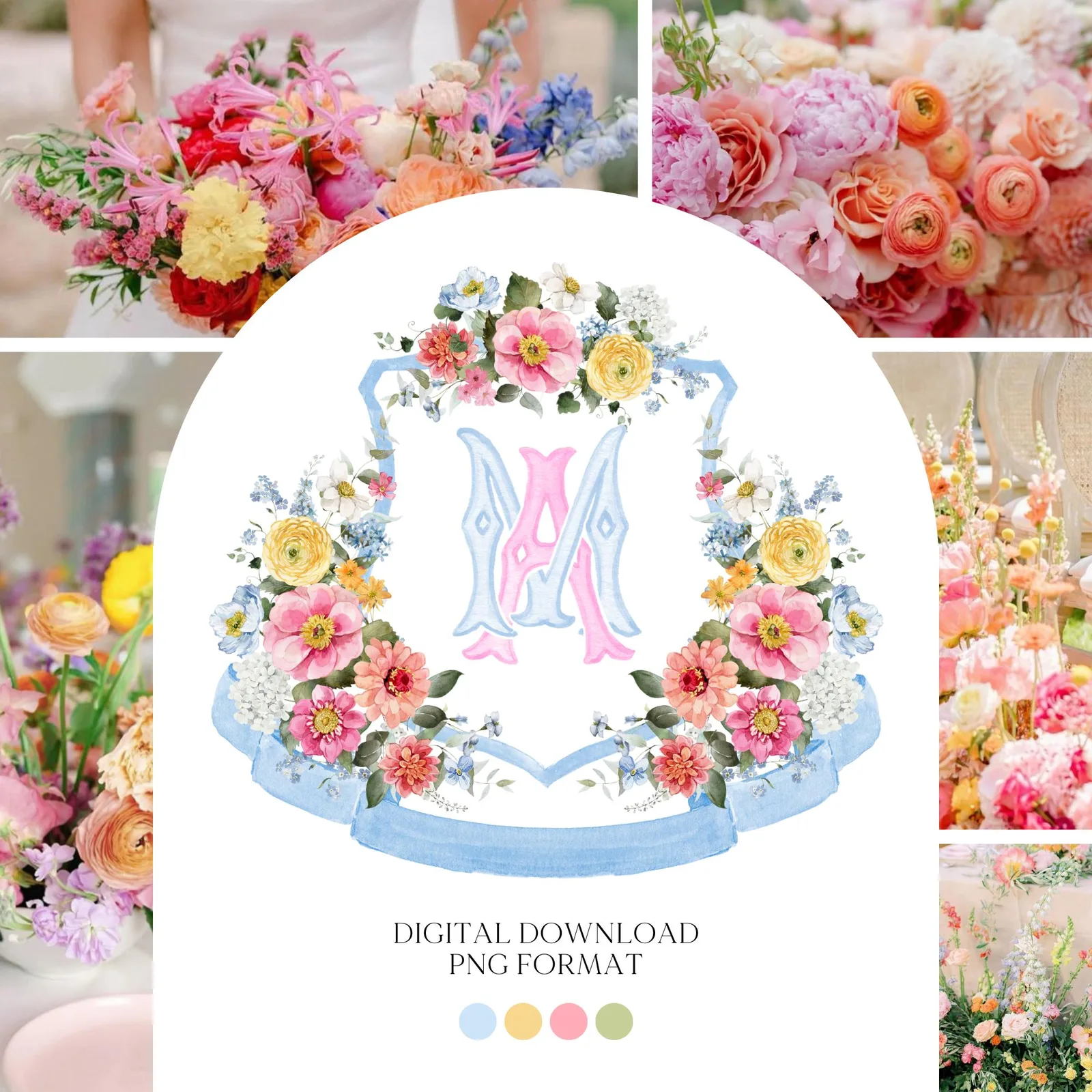 Wildflowers Bright Floral Colorful Watercolor Wedding Crest - Monogram Crest - Floral Watercolor Wedding Crest - Romantic Wedding Crest