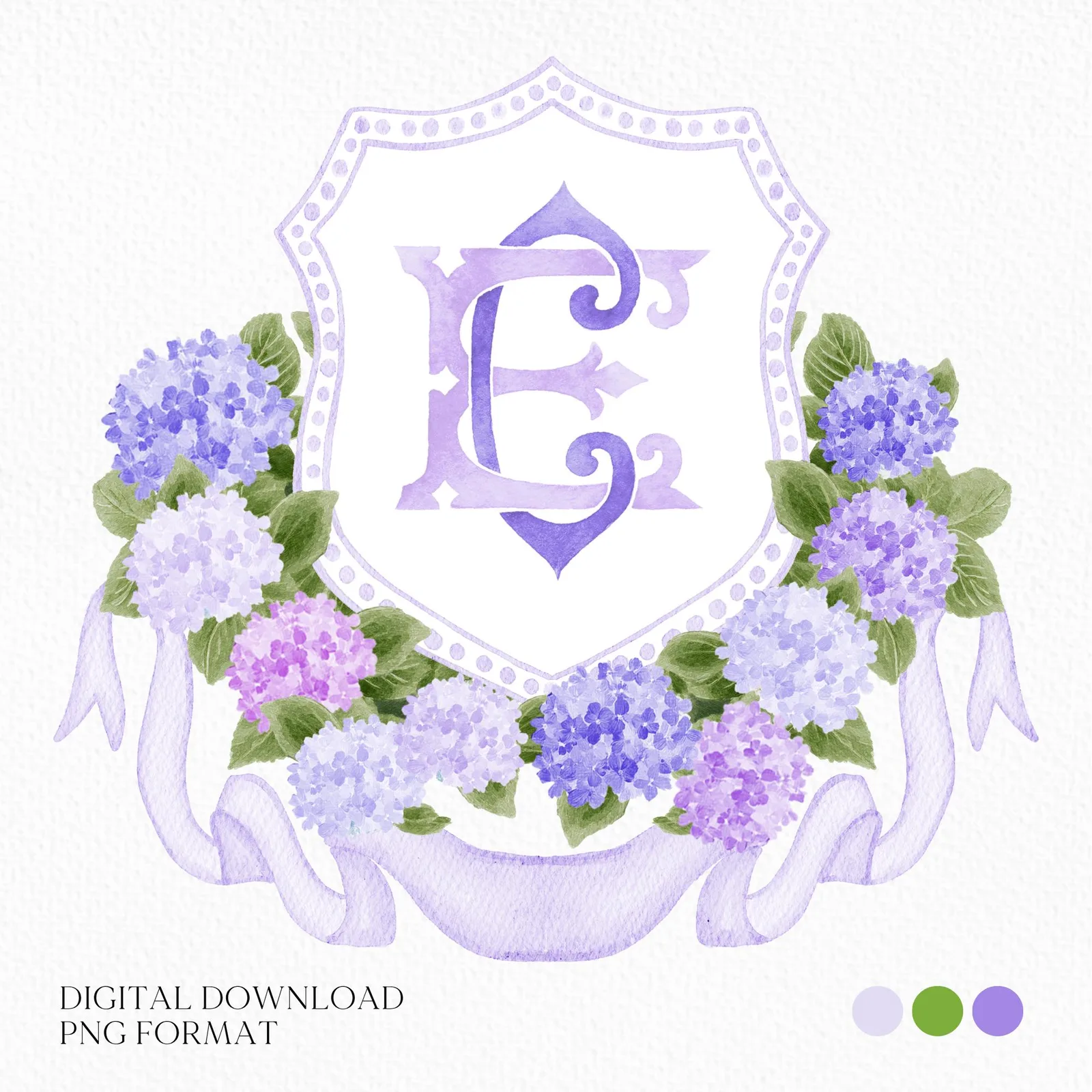 Watercolor Purple Hydrangea Flower Wedding Crest