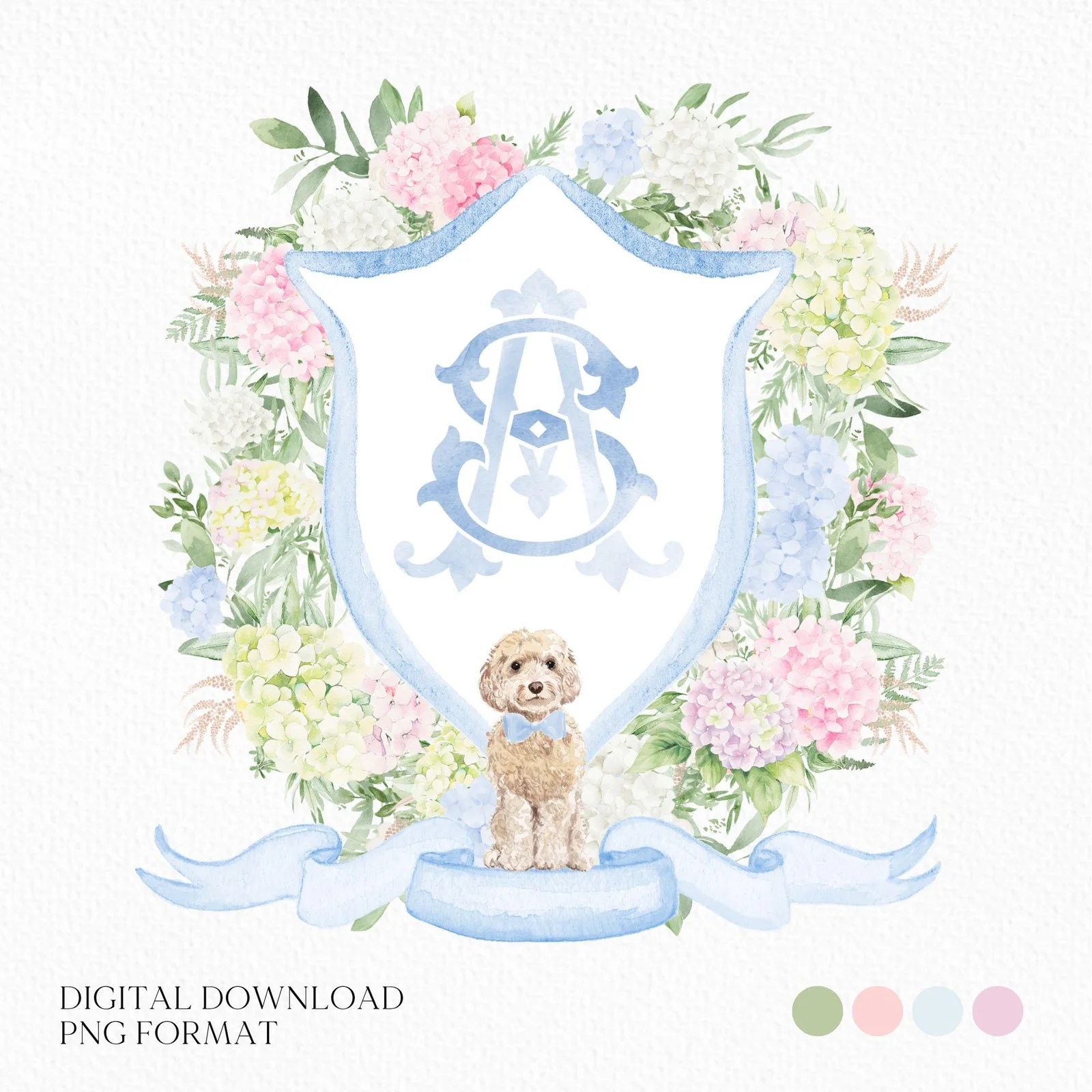 Blue White Pink Hydrangea Flower Wedding Crest - Monogram Crest - Pastel Color Hydrangea Floral Luxury Watercolor Wedding Crest
