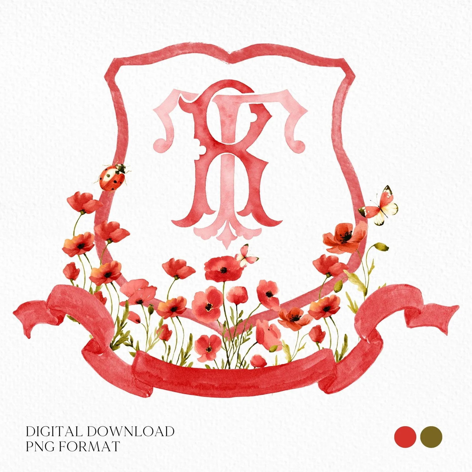 Red Poppy Flower Wedding Crest - Monogram Crest