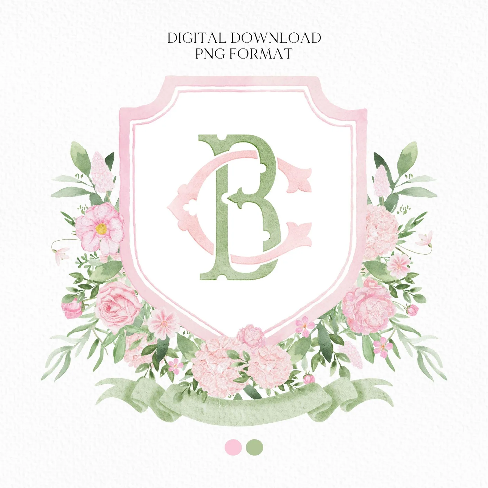 Roses Bouquets Flower Wedding Crest - Monogram Crest - Pink Peony Delicate Summer Floral Watercolor Wedding Crest - Romantic Wedding Crest