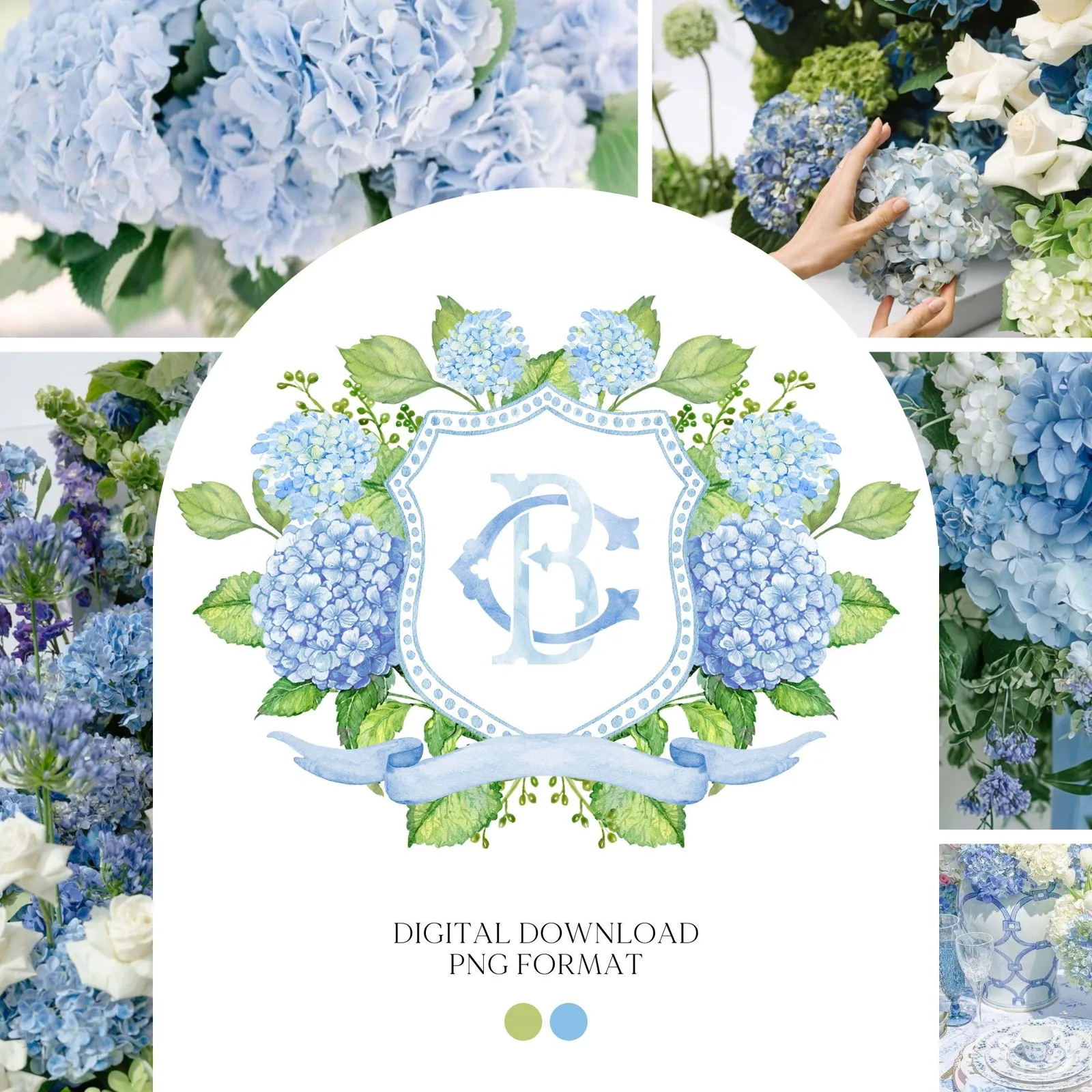 Hydrangea Blue Wedding Crest - Monogram Crest
