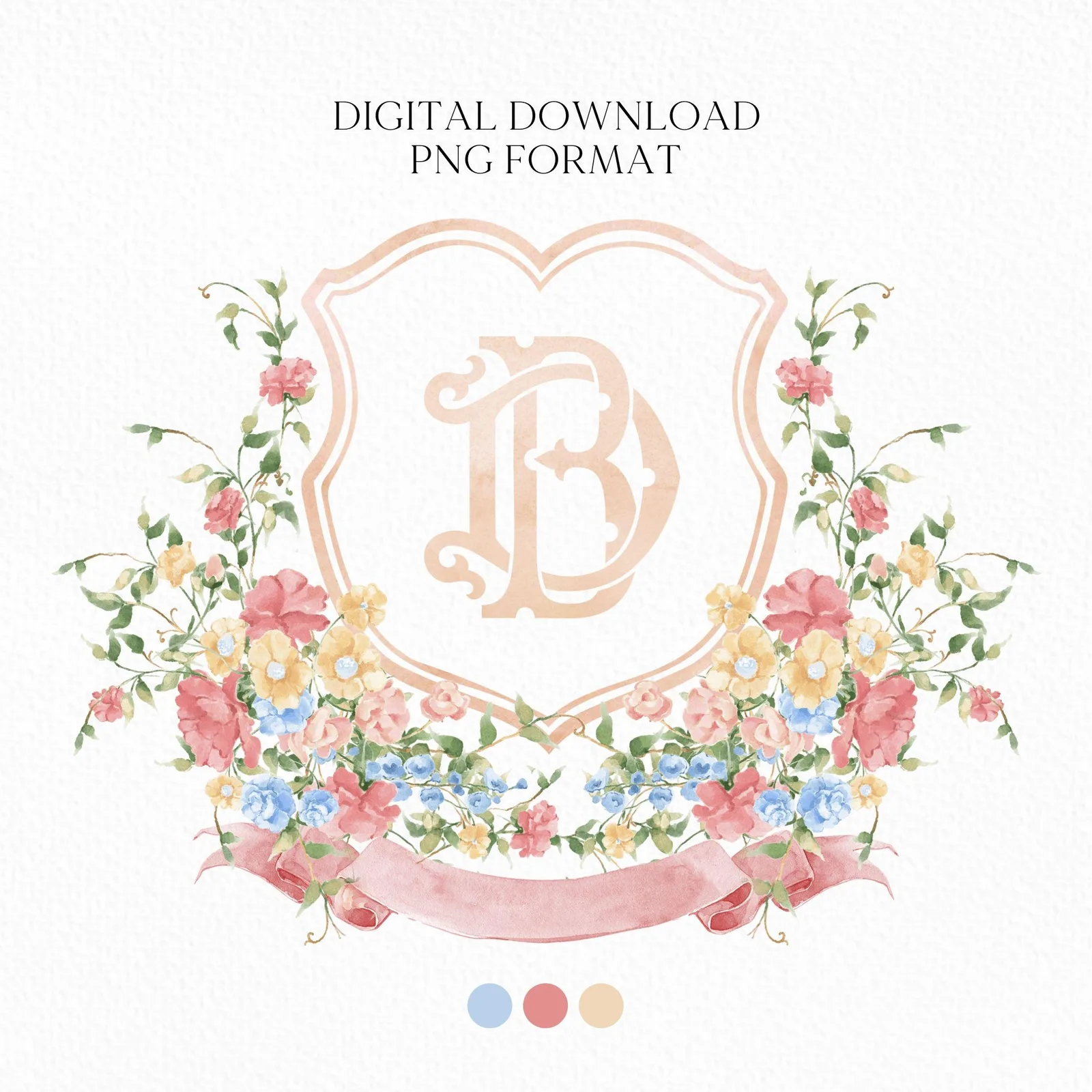 Wildflowers Pink Flower Garden Flowers Wedding Crest - Monogram Crest - Floral Luxury Watercolor Wedding Crest - Romantic Wedding Crest