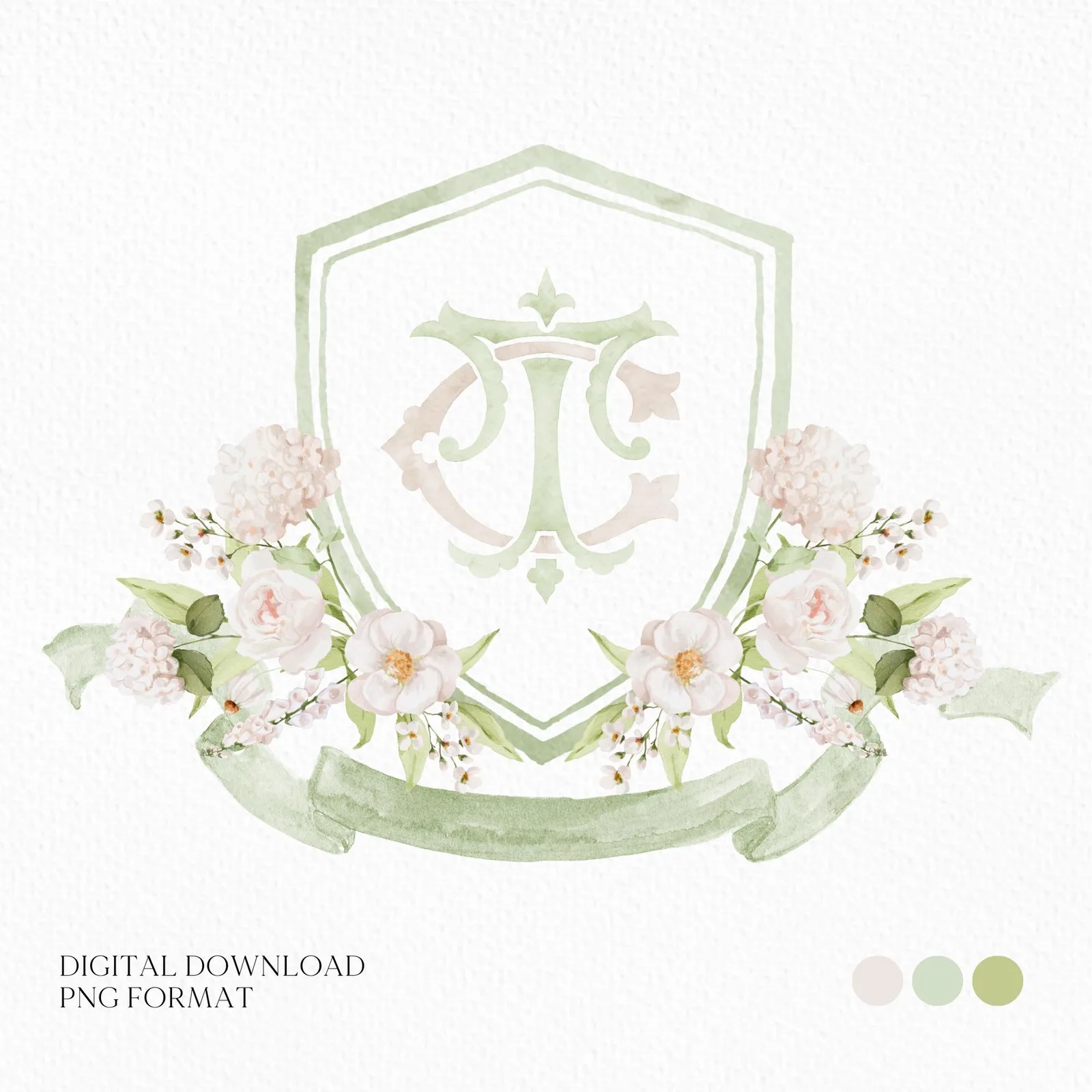 Hydrangea White Flower Wedding Crest - Monogram Crest - White Hydrangea Floral Luxury Watercolor Wedding Crest - Romantic Wedding Crest