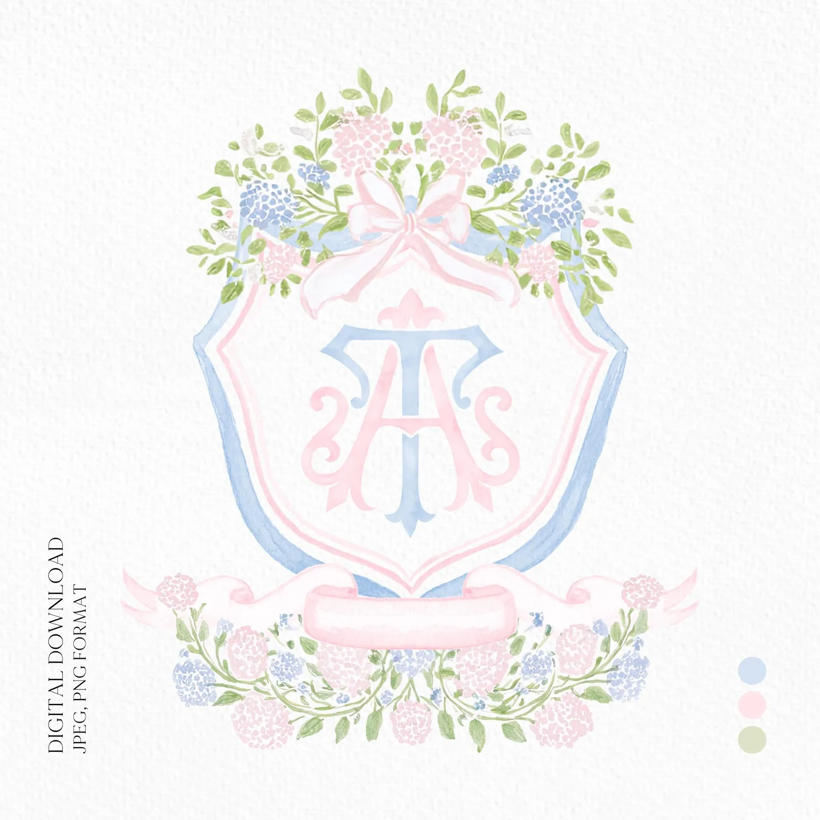 Pink Light Blue Hydrangea Flower Wedding Crest - Monogram Crest