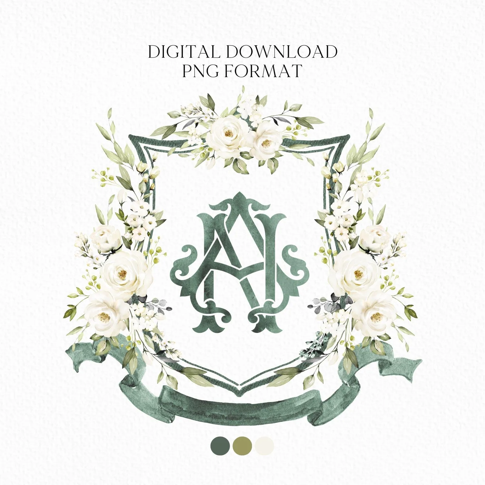 Creamy Rose Ivory Greenery White Flower Wedding Crest - Monogram Crest - White Floral Watercolor Wedding Crest - Romantic Wedding Crest