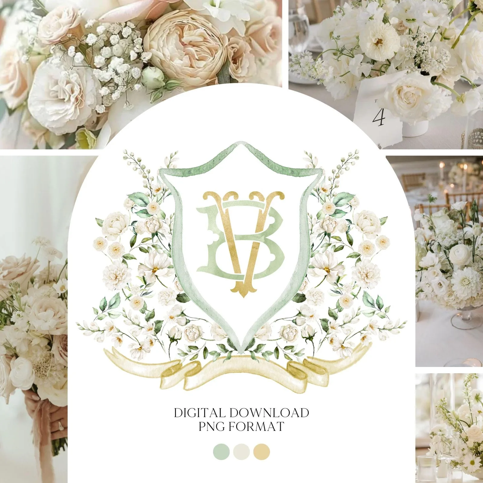 White Rose Greenery White Flower Wedding Crest - Monogram Crest - White Floral Watercolor Wedding Crest - Romantic Wedding Crest