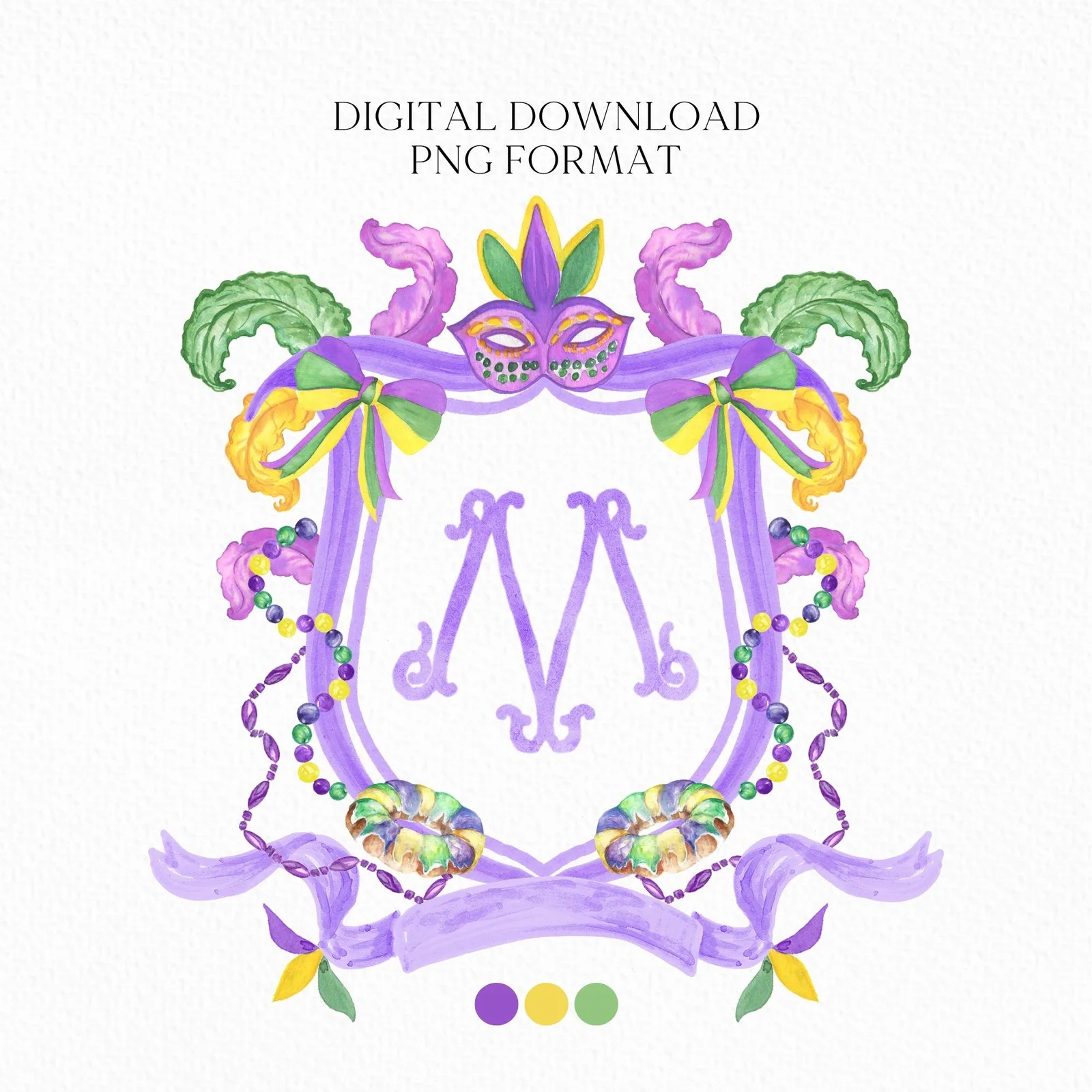 Mardi Gras New Orleans Crest Watercolor Wedding Crest - Monogram Crest - Mardi Gras Watercolor Wedding Crest Romantic Wedding Crest