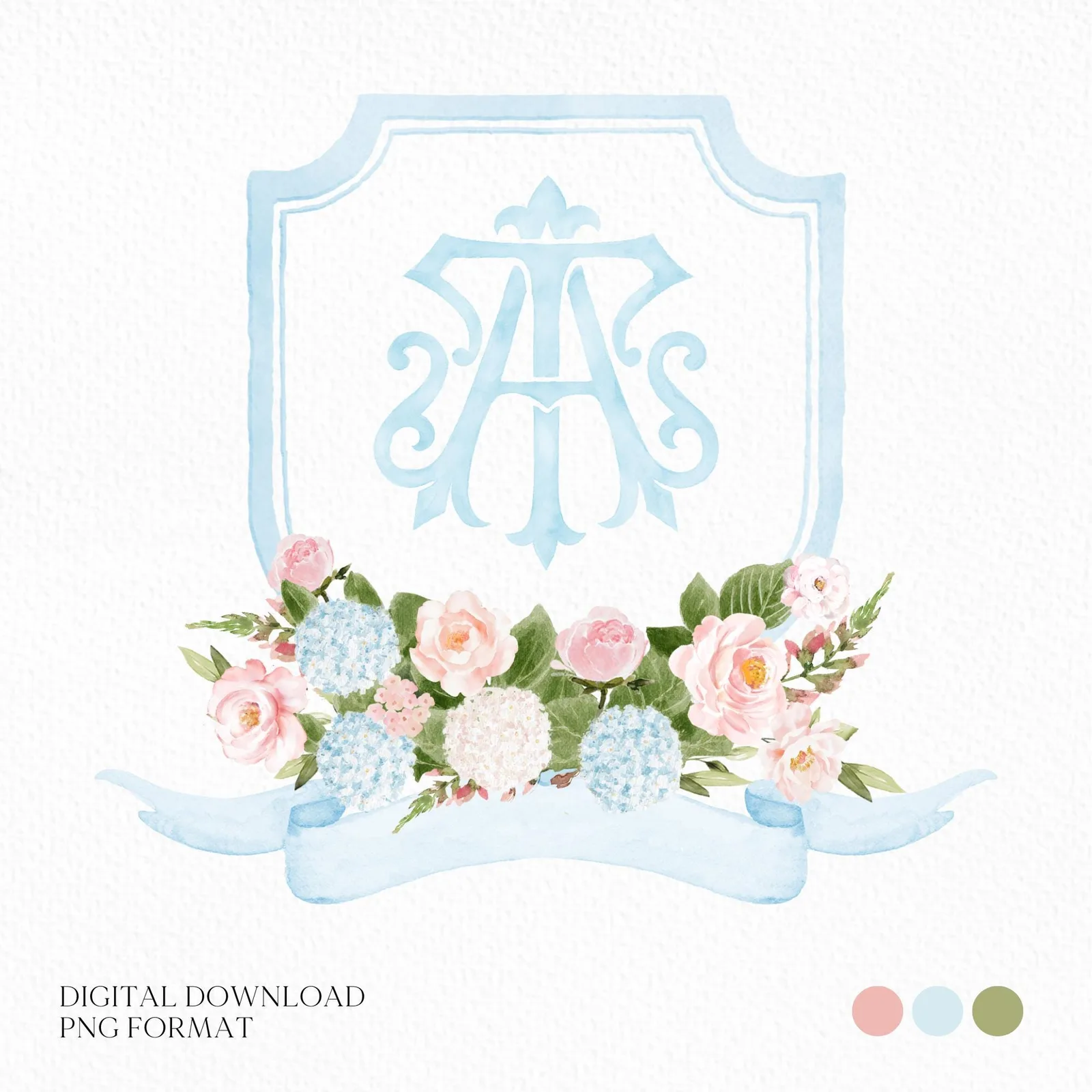 White Hydrangea Blush Pink Rose Flower Wedding Crest - Monogram Crest - Light Blue Hydrangea Floral Luxury Watercolor Wedding Crest