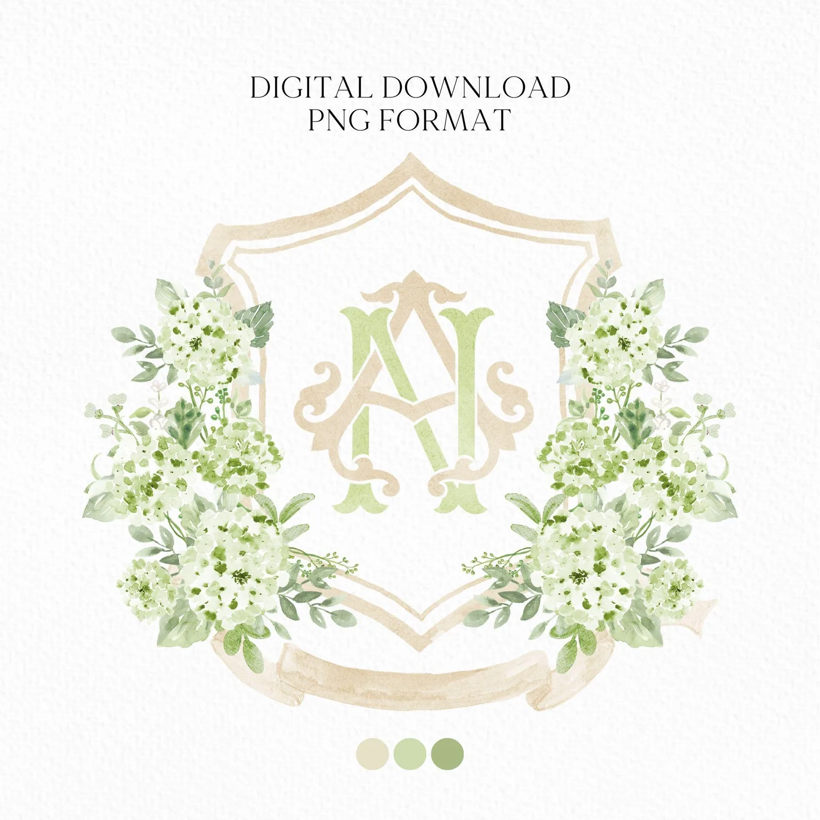 Hydrangea Green Cream WildFlower Wedding Crest - Monogram Crest - Hydrangea Floral Luxury Watercolor Wedding Crest - Romantic Wedding Crest