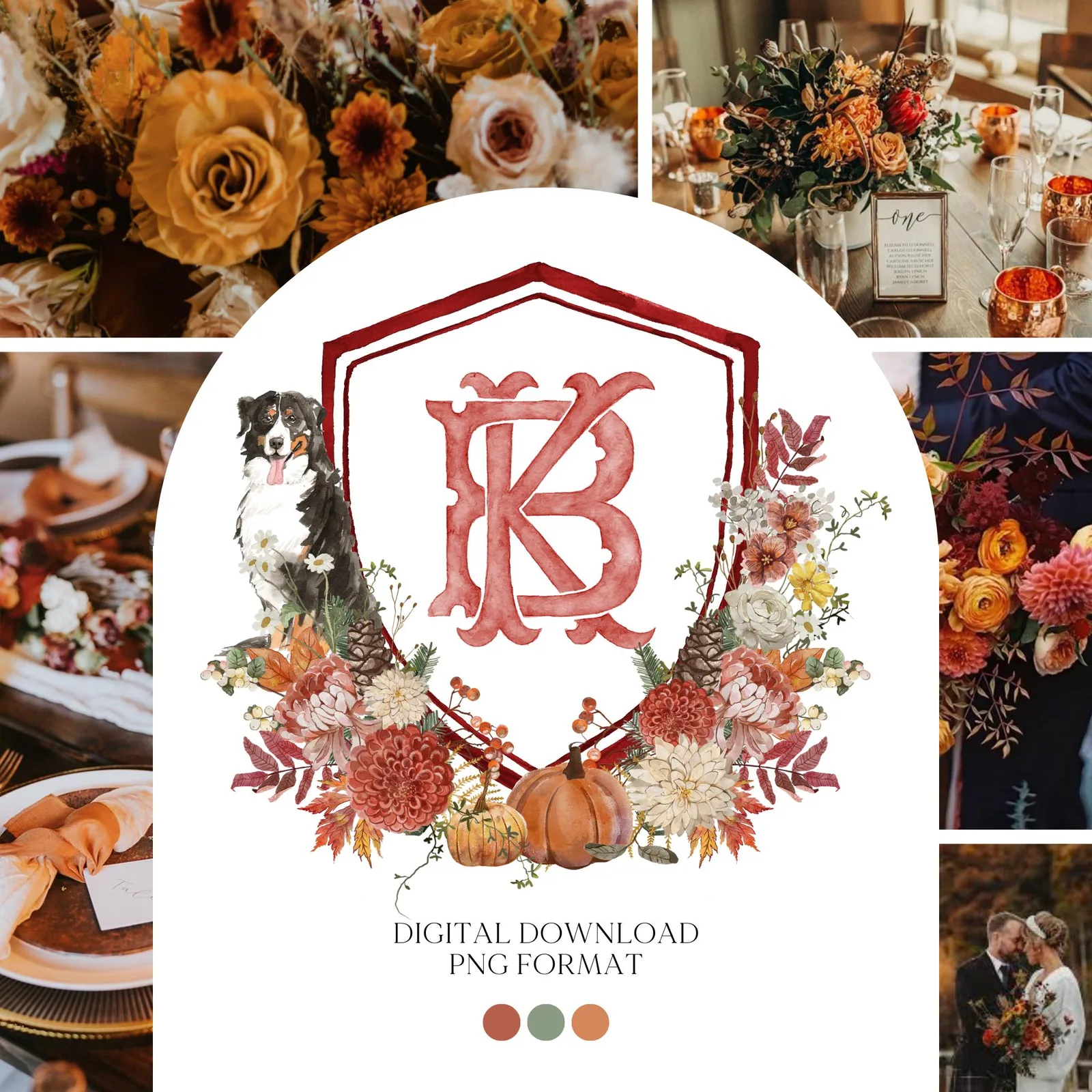 Autumn Watercolor Flower Leaf Wedding Crest - Monogram Crest - Rustic Fall Floral Luxury Watercolor Wedding Crest - Pumpkins Wedding Crest