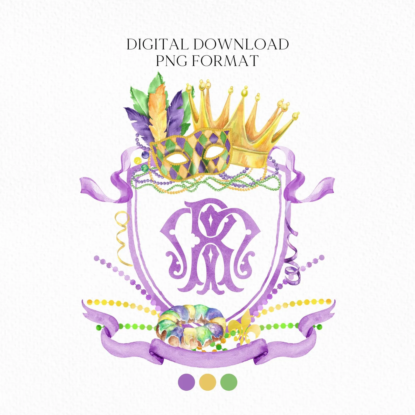 Mardi Gras New Orleans Crest Watercolor Wedding Crest - Monogram Crest - Mardi Gras Watercolor Wedding Crest Romantic Wedding Crest