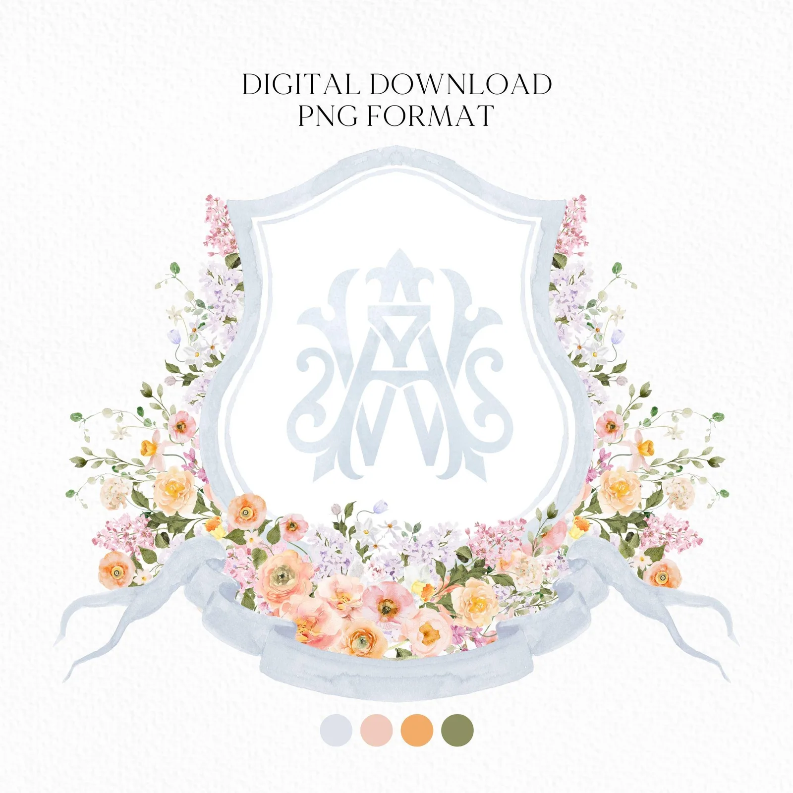 Orange Pink Yellow and White Watercolor Flower Wedding Crest - Monogram Crest - Floral Watercolor Wedding Crest - Blue Spring Wedding Crest