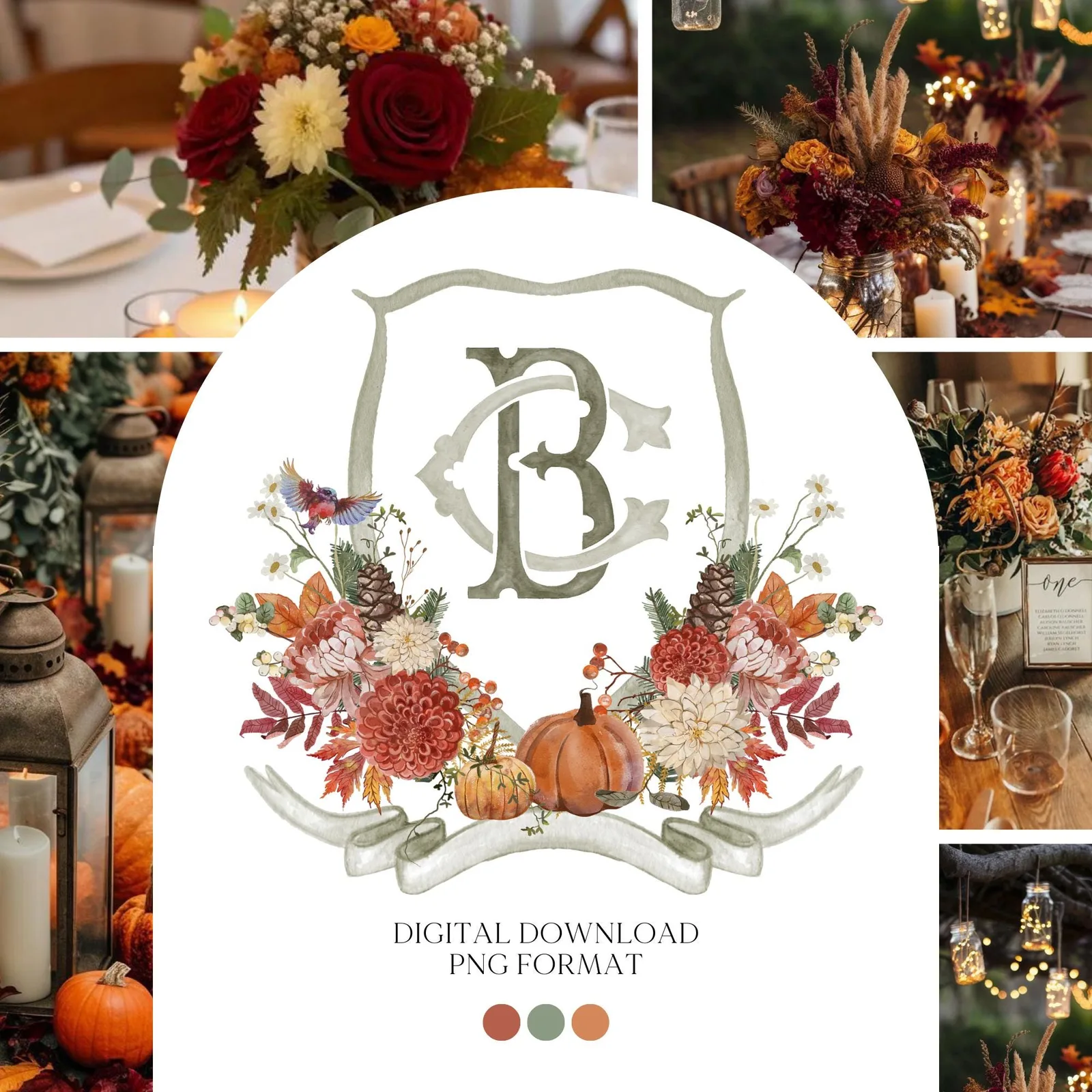 Autumn Watercolor Flower Leaf Wedding Crest - Monogram Crest - Rustic Fall Floral Luxury Watercolor Wedding Crest - Pumpkins Wedding Crest