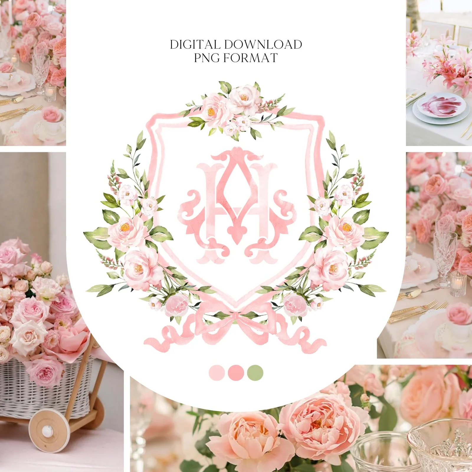 Blush Pink Floral Rustic Greenery Flower Wedding Crest - Monogram Crest - Floral Watercolor Wedding Crest - Romantic Wedding Crest