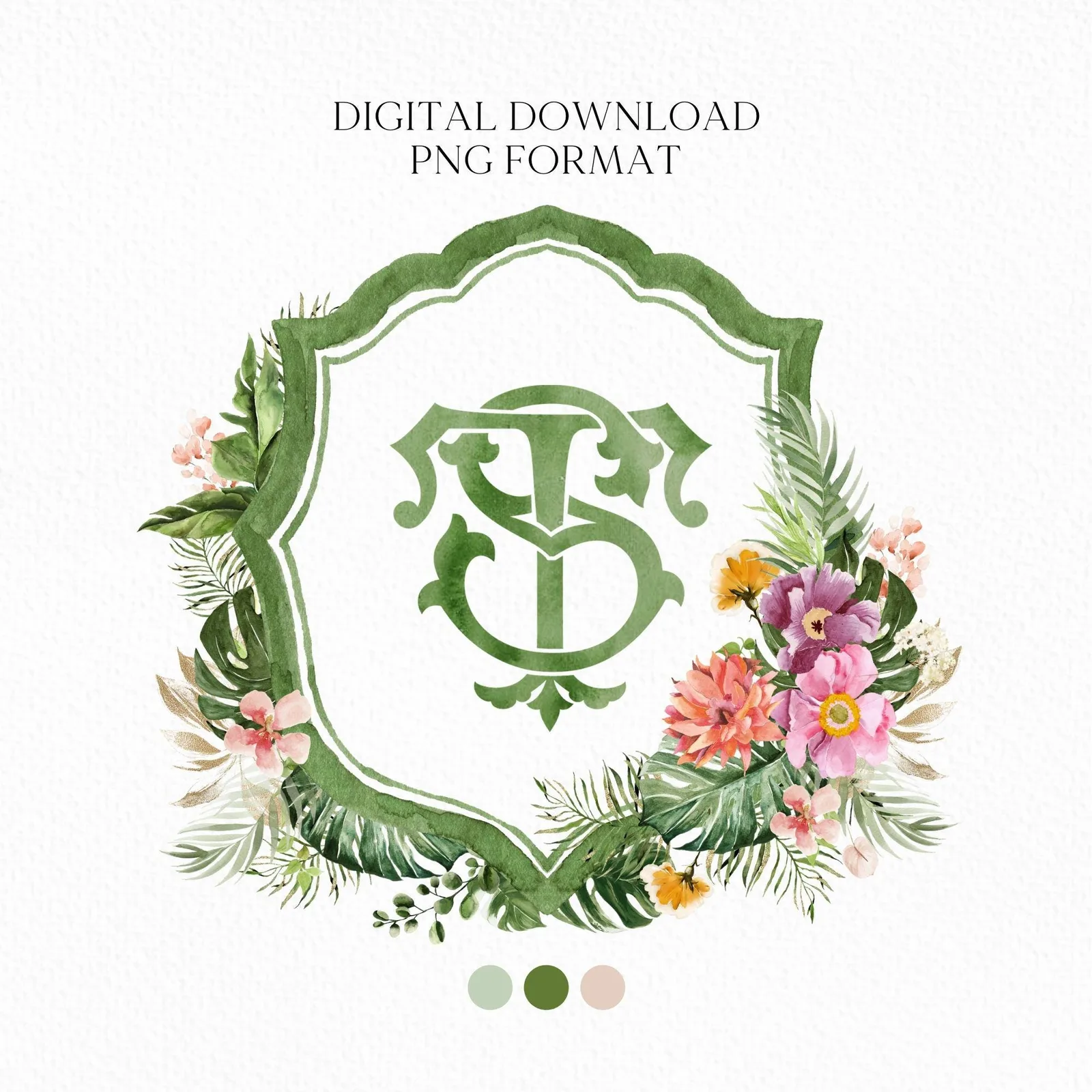 Tropical Watercolor Flowers Wedding Crest
